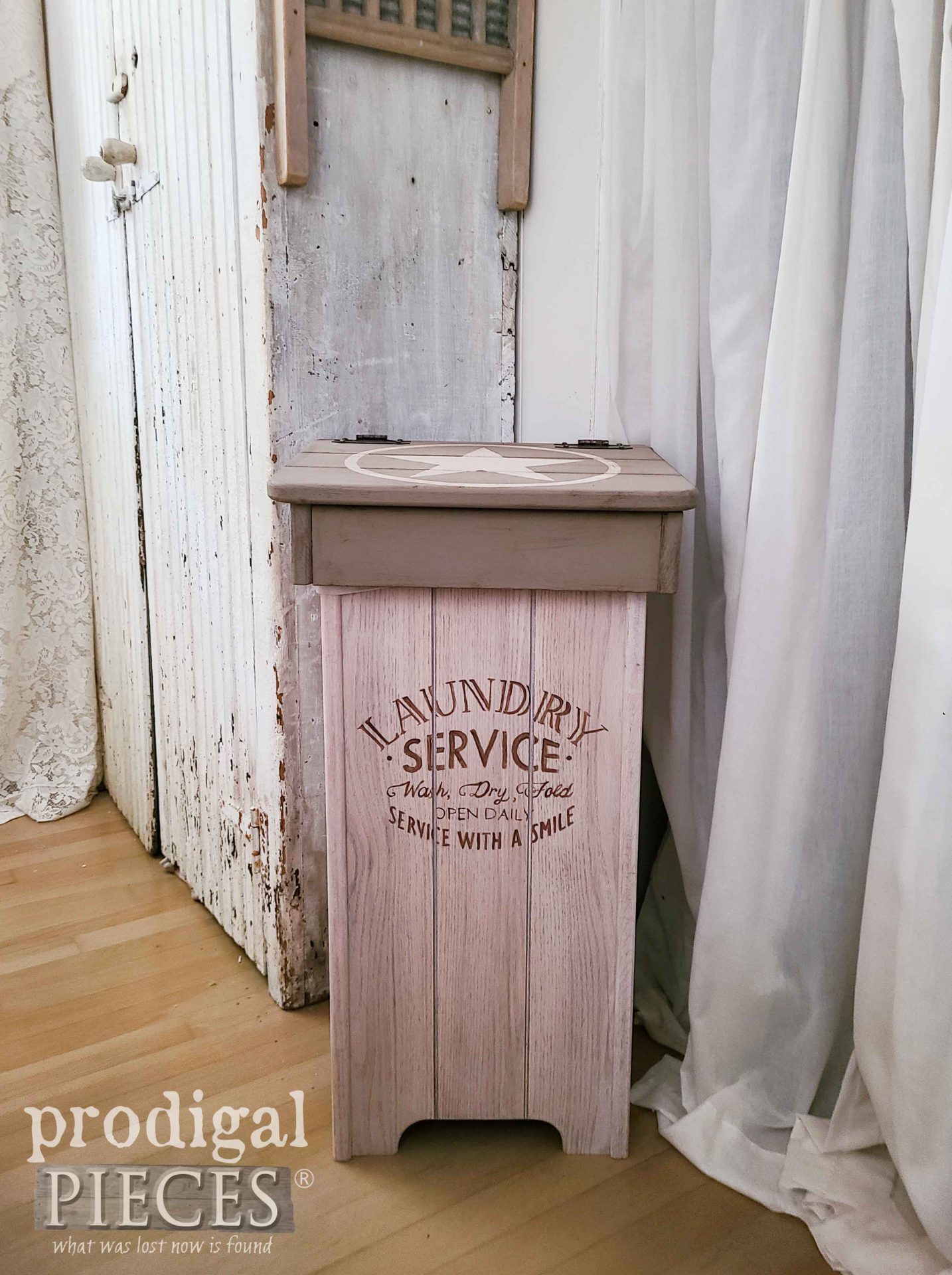 Rustic Farmhouse Laundry Bin from Upcycled Vintage Wooden Trash Bin by Larissa of Prodigal Pieces | prodigalpieces.com #prodigalpieces #farmhouse #laundry #diy #home