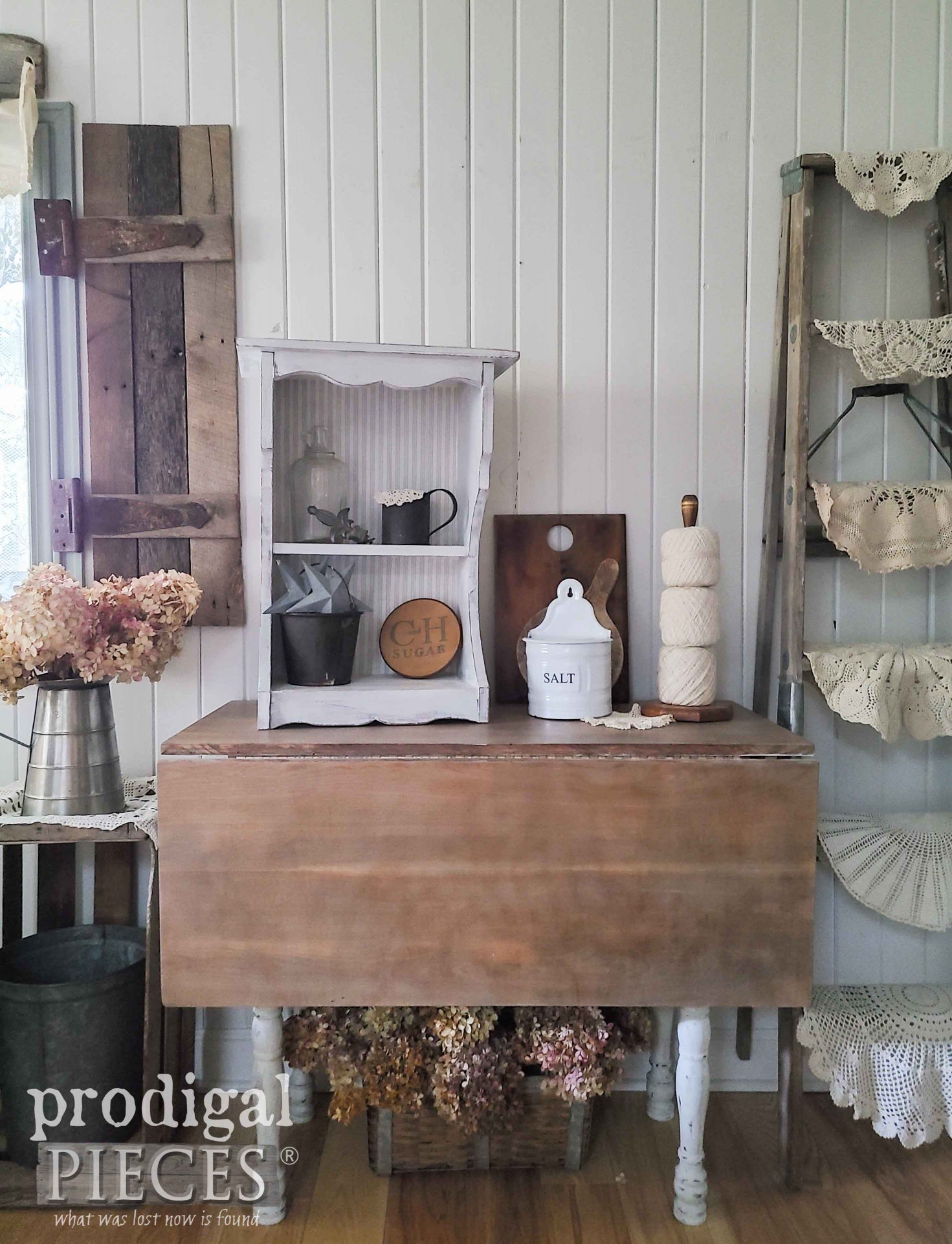 Farmhouse Style Wooden Shelf Updated with Paint and Paper by Larissa of Prodigal Pieces | prodigalpieces.com #prodigalpieces #farmhouse #upcycled