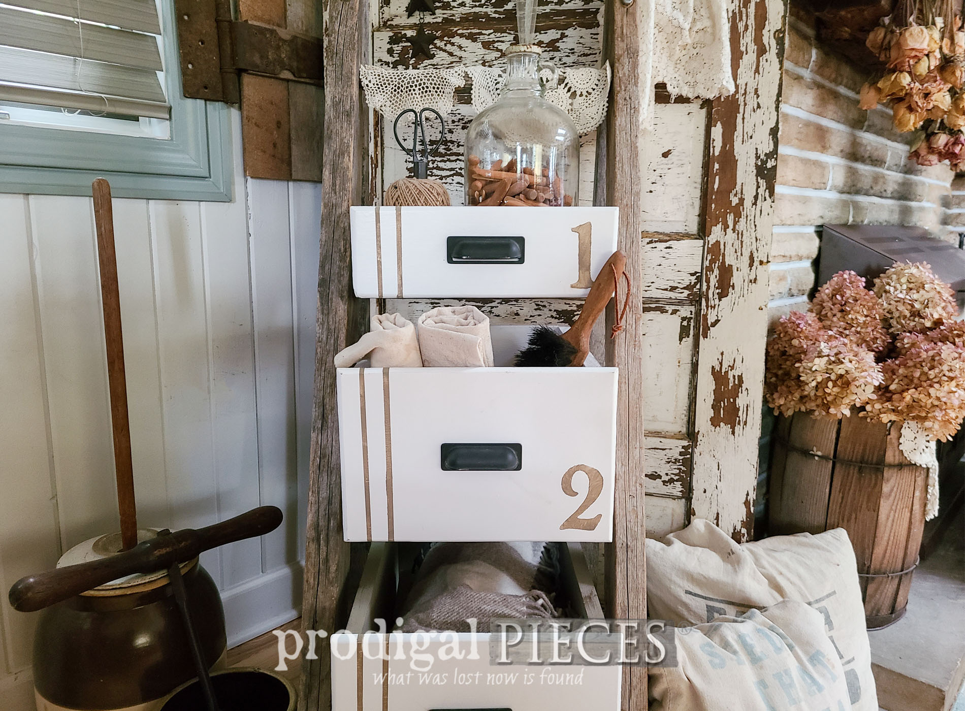 Featured Upcycled Drawers and Ladder Tiered Stand by Larissa of Prodigal Pieces | prodigalpieces.com #prodigalpieces #farmhouse #diy #reclaimed
