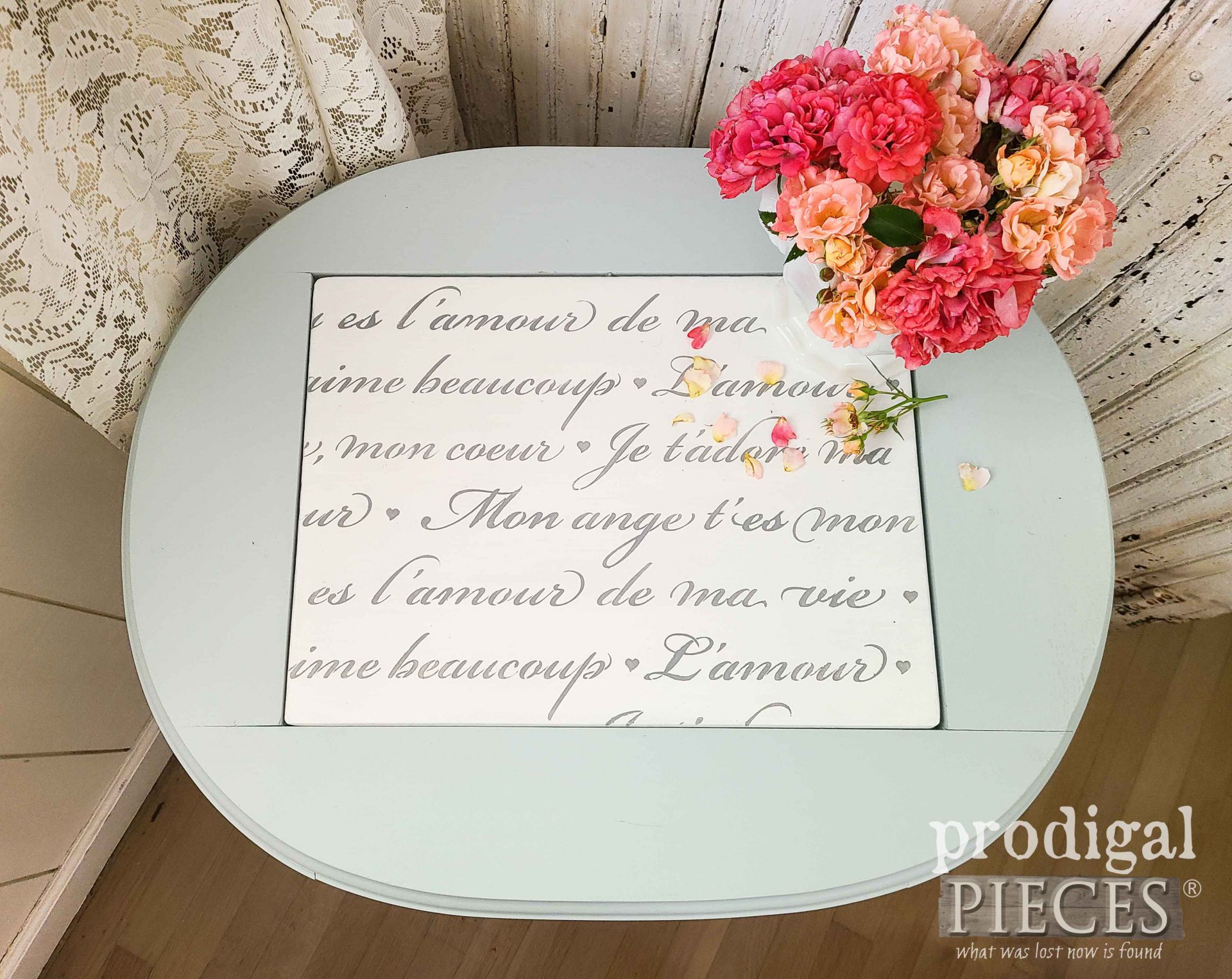 French Script Table Top DIY Painted Marble by Larissa of Prodigal Pieces | prodigalpieces.com #prodigalpieces #furniture #diy #homedecor