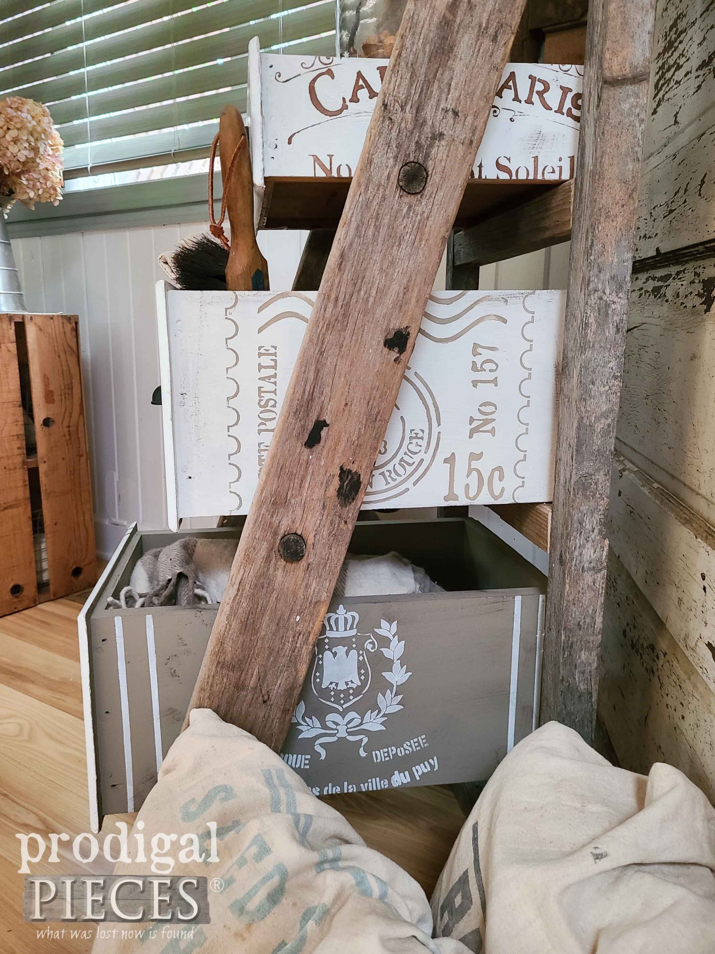 French Stenciled Upcycled Drawers Tiered Stand by Larissa of Prodigal Pieces | prodigalpieces.com #prodigalpieces #farmhouse #diy #reclaimed #upcycled