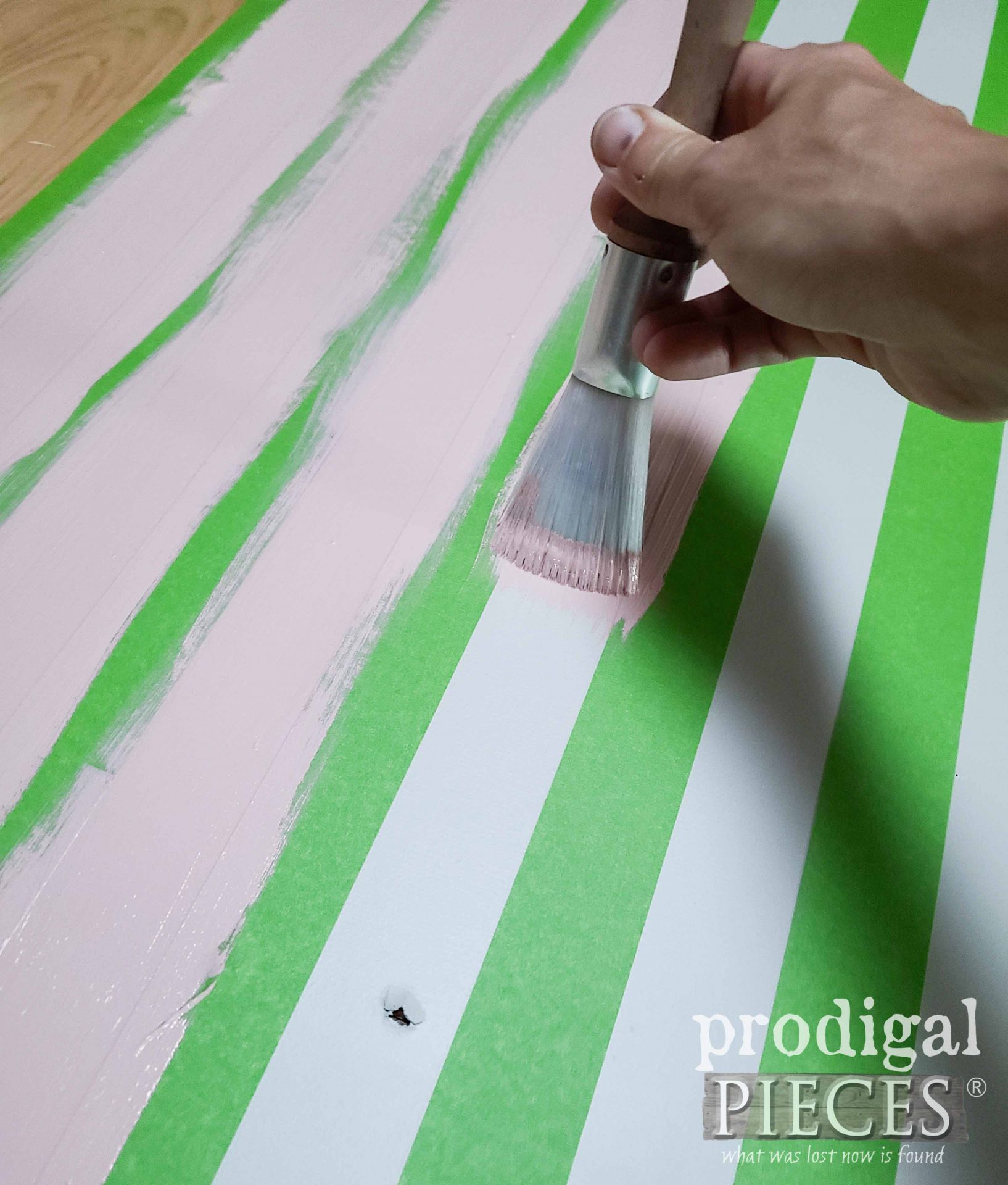Painting French Stripes on Desk Hutch Backing | prodigalpieces.com #prodigalpieces