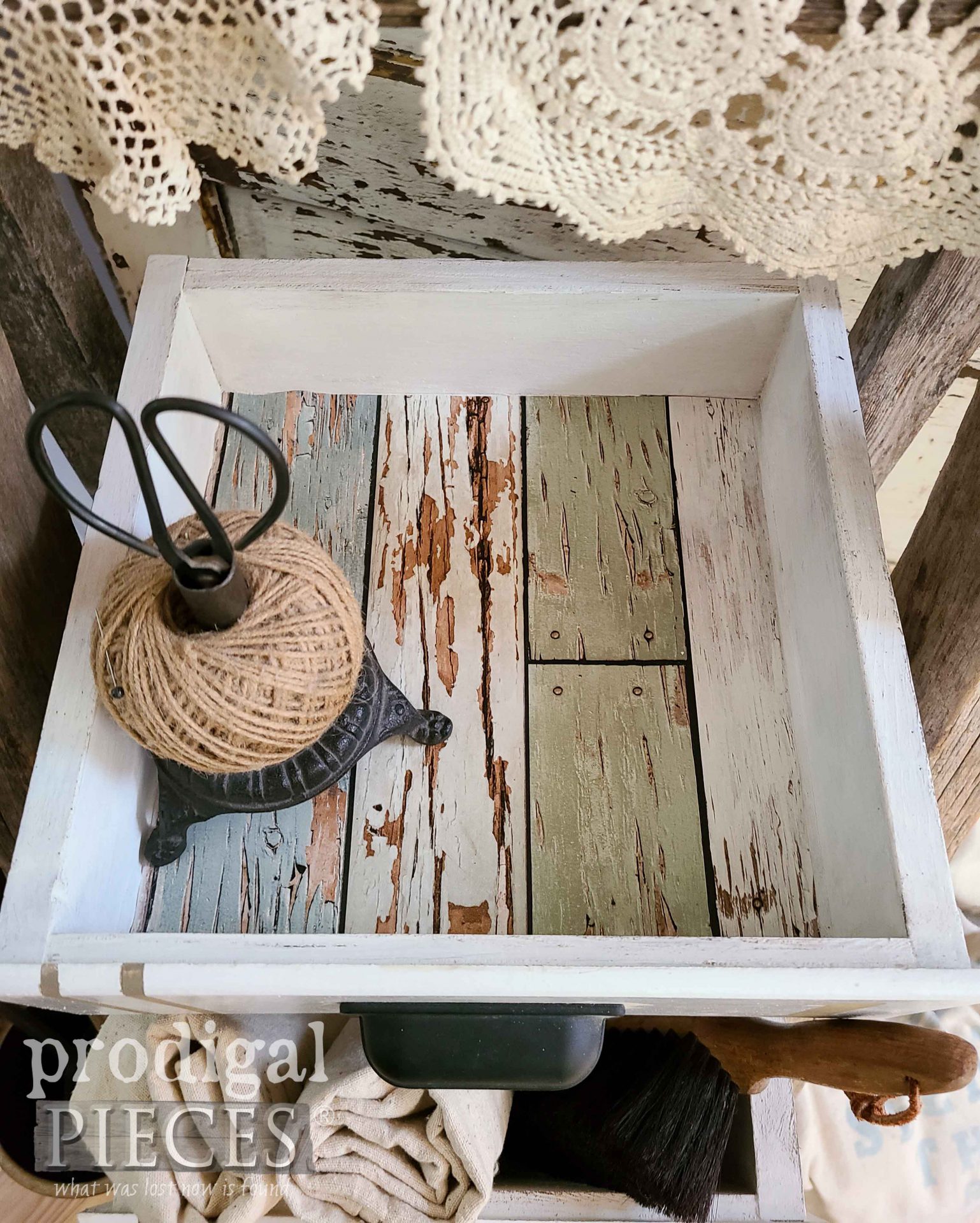 Paper-Lined Upcycled Drawers Stand Created from Curbside Finds by Larissa of Prodigal Pieces | prodigalpieces.com #prodigalpieces #diy #rustic