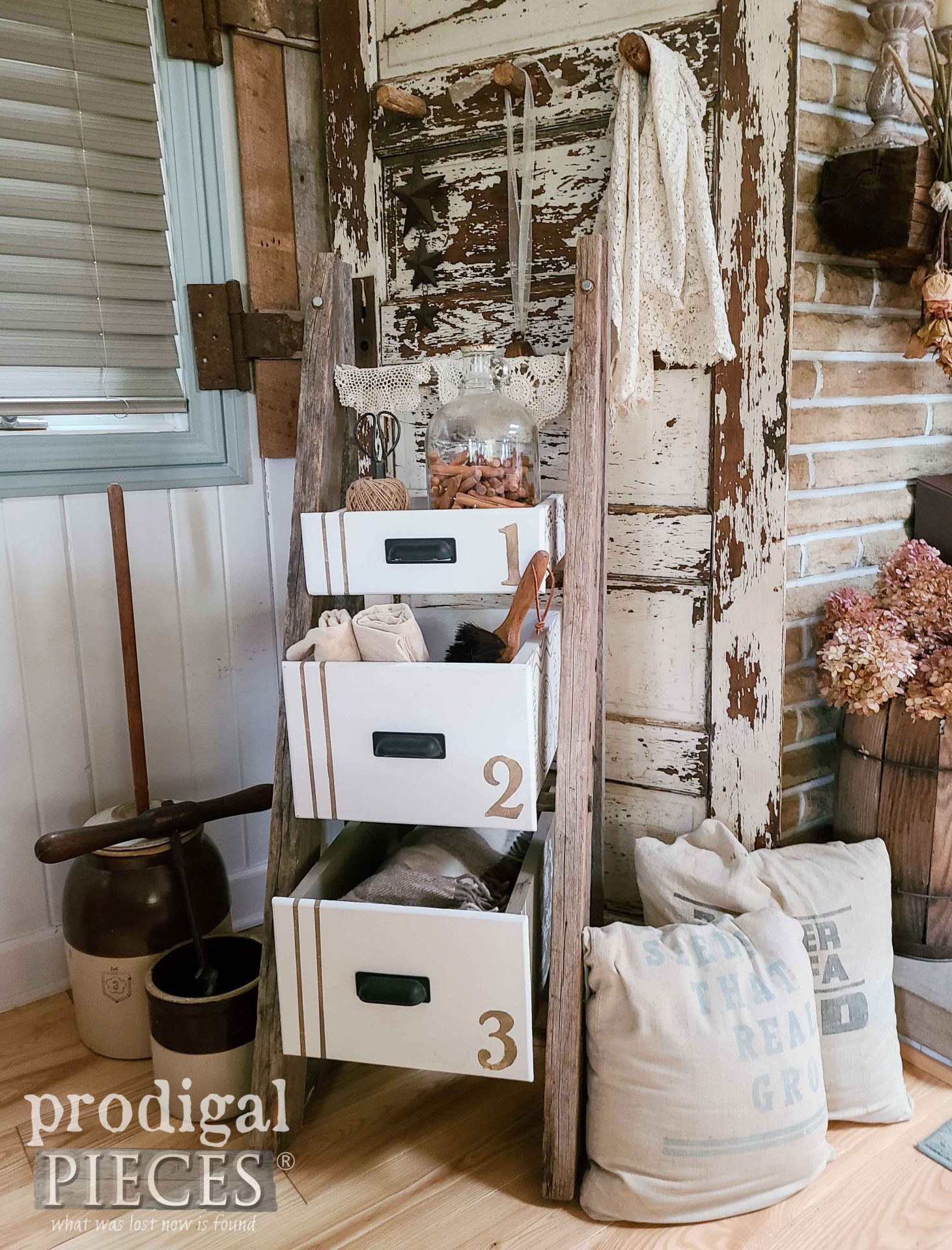 Reclaimed Wood Ladder Turned Stand with Upcycled Drawers by Larissa of Prodigal Pieces | prodigalpieces.com #prodigalpieces #reclaimed #farmhouse #homedecor