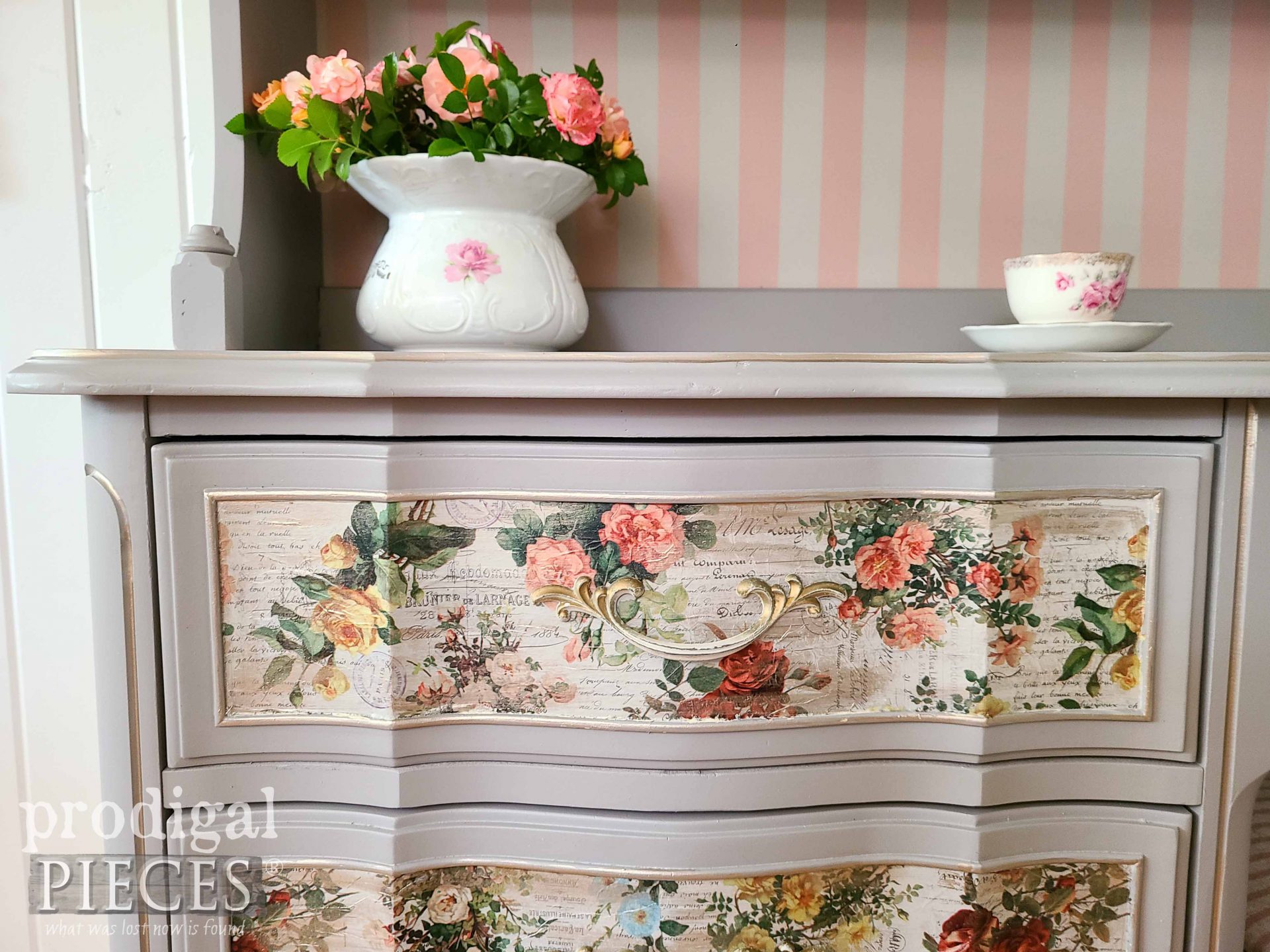 DIY Rose Decoupage on Desk Drawer Fronts by Larissa of Prodigal Pieces | prodigalpieces.com #prodigalpieces #diy #decoupage