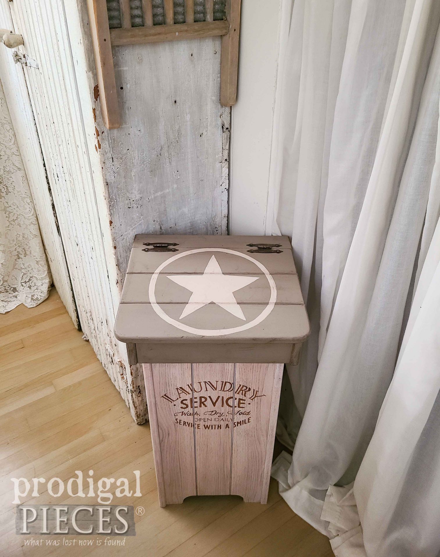 Top View of Hand-Painted Laundry Bin from Repurposed Vintage Wooden Trash Bin by Larissa of Prodigal Pieces | prodigalpieces.com #prodigalpieces #laundry #diy #vintage