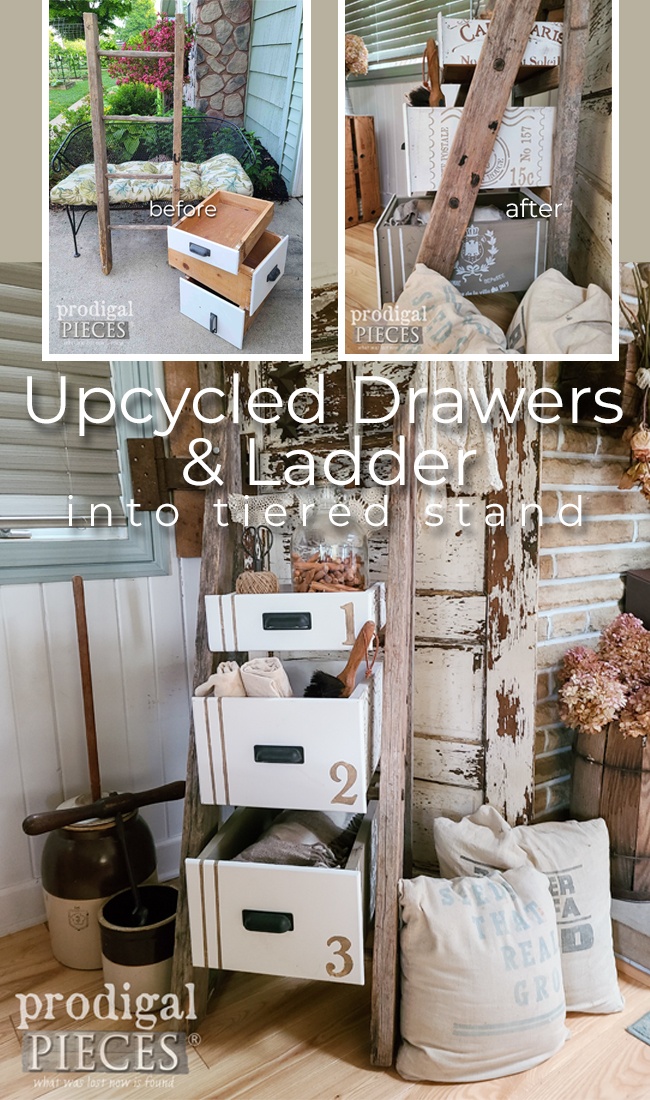 Left for trash this broken ladder and upcycled drawers are turned into a tiered stand by Larissa of Prodigal Pieces | prodigalpieces.com #prodigalpieces #diy #farmhouse #homedecor #reclaimed