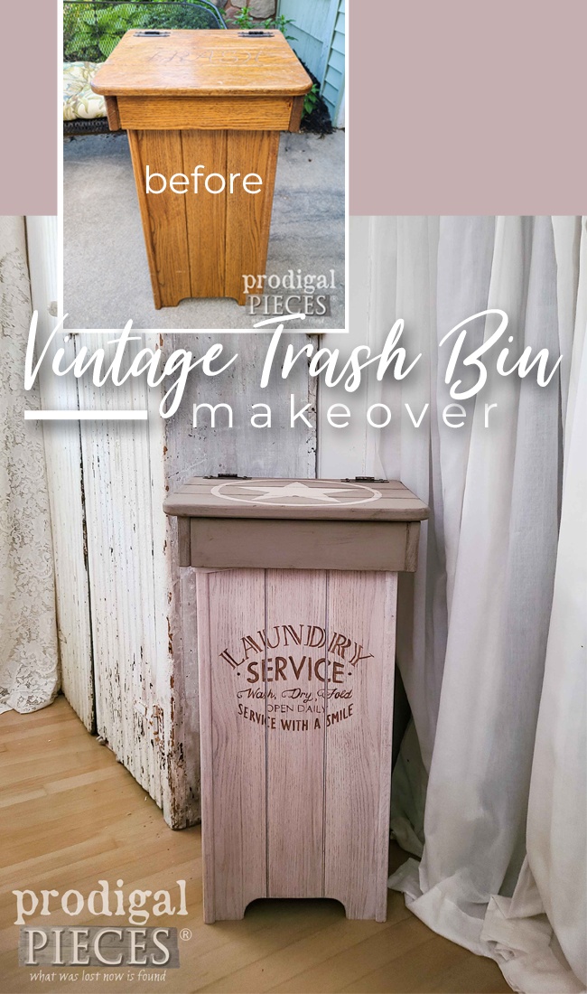 A vintage wooden trash bin is transformed into a farmhouse laundry bin by Larissa of Prodigal Pieces | prodigalpieces.com #prodigalpieces #farmhouse #diy #upcycled