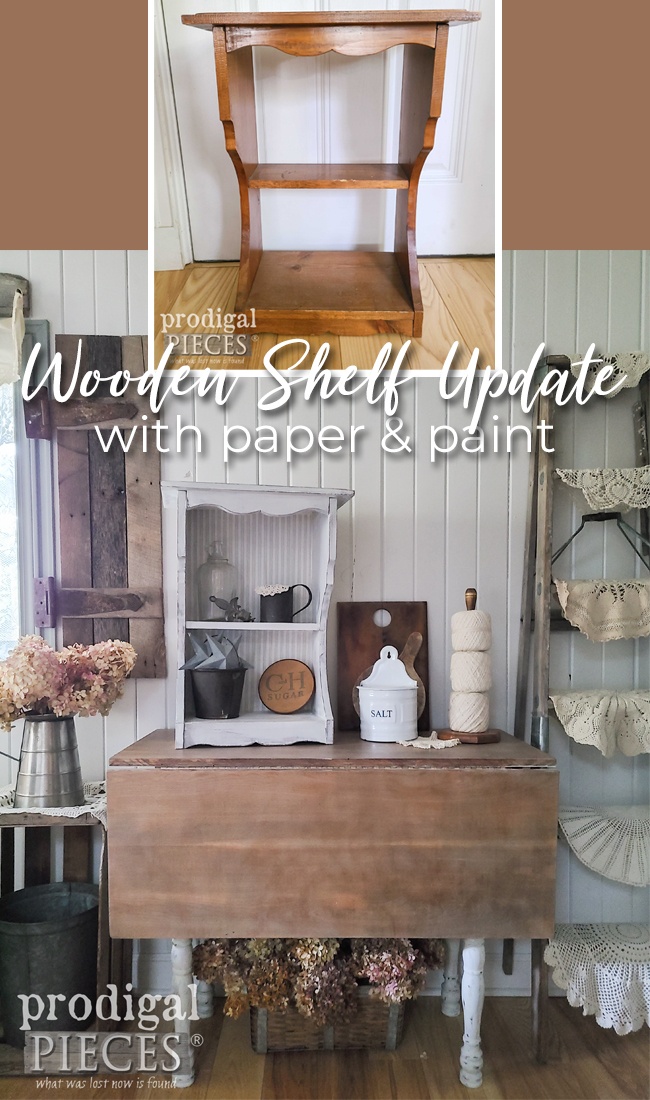 A boring, dated wooden shelf updated to vintage farmhouse style by Larissa of Prodigal Pieces | prodigalpieces.com #prodigalpieces #vintage #upcycled