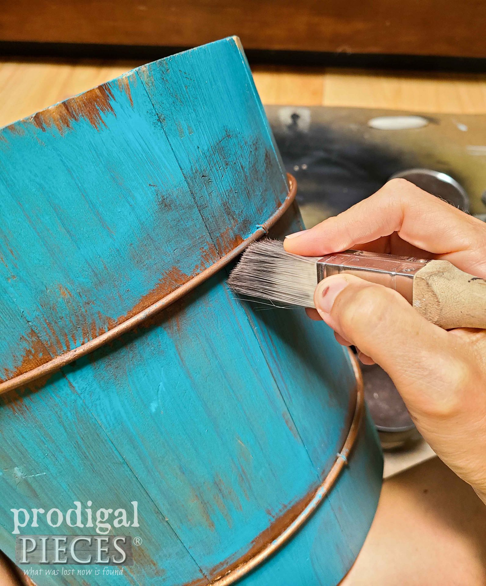 Applying Brown Wax to Vintage Ice Cream Bucket | prodgialpieces.com #prodigalpieces