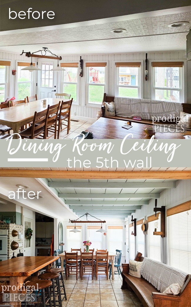 From tear down to exposed rafters, this farmhouse dining room remodel is budget-friendly topped with elbow grease and sweat equity. Come see it by Larissa of Prodigal Pieces | prodigalpieces.com #prodigalpieces #farmhouse #diy #ceiling #diningroom