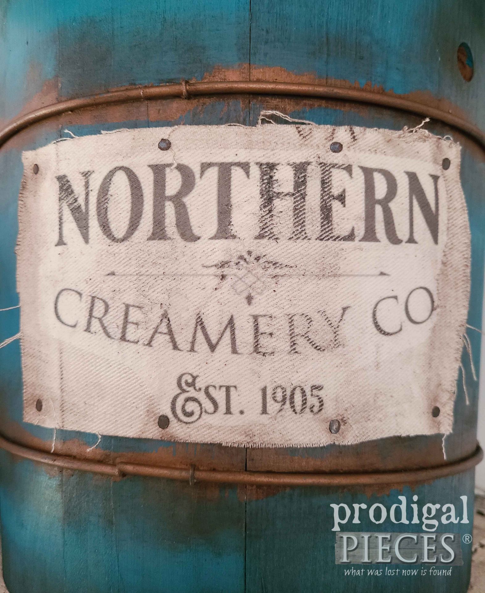 DIY Fabric Transfer on Vintage Ice Cream Bucket Label by Larissa of Prodigal Pieces | prodigalpieces.com #prodigalpieces #diy #farmhouse #homedecor
