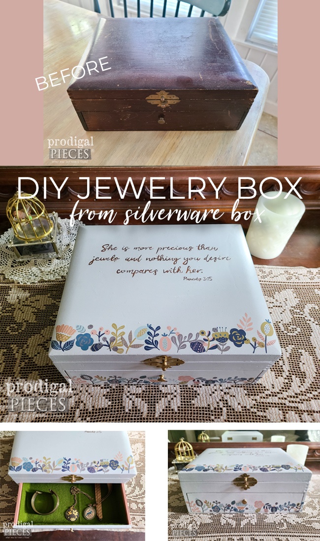 A vintage silverware chest is transformed into a DIY Jewelry Box for her daughter by Larissa of Prodigal Pieces | prodigalpieces.com #prodigalpieces #boho #jewelry #diy