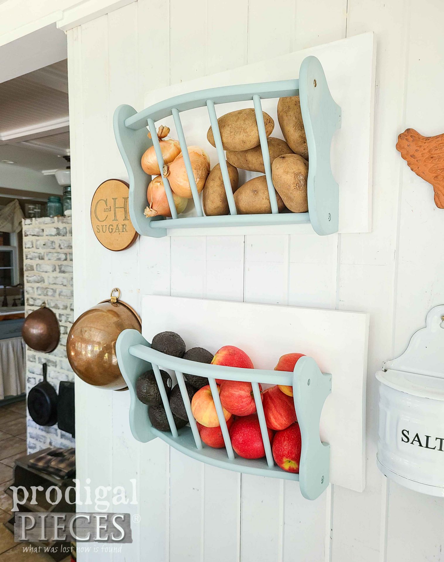 Farmhouse Kitchen Wall Bins Upcycled from Side Table by Larissa of Prodigal Pieces | prodigalpieces.com #prodigalpieces #farmhouse #kitchen