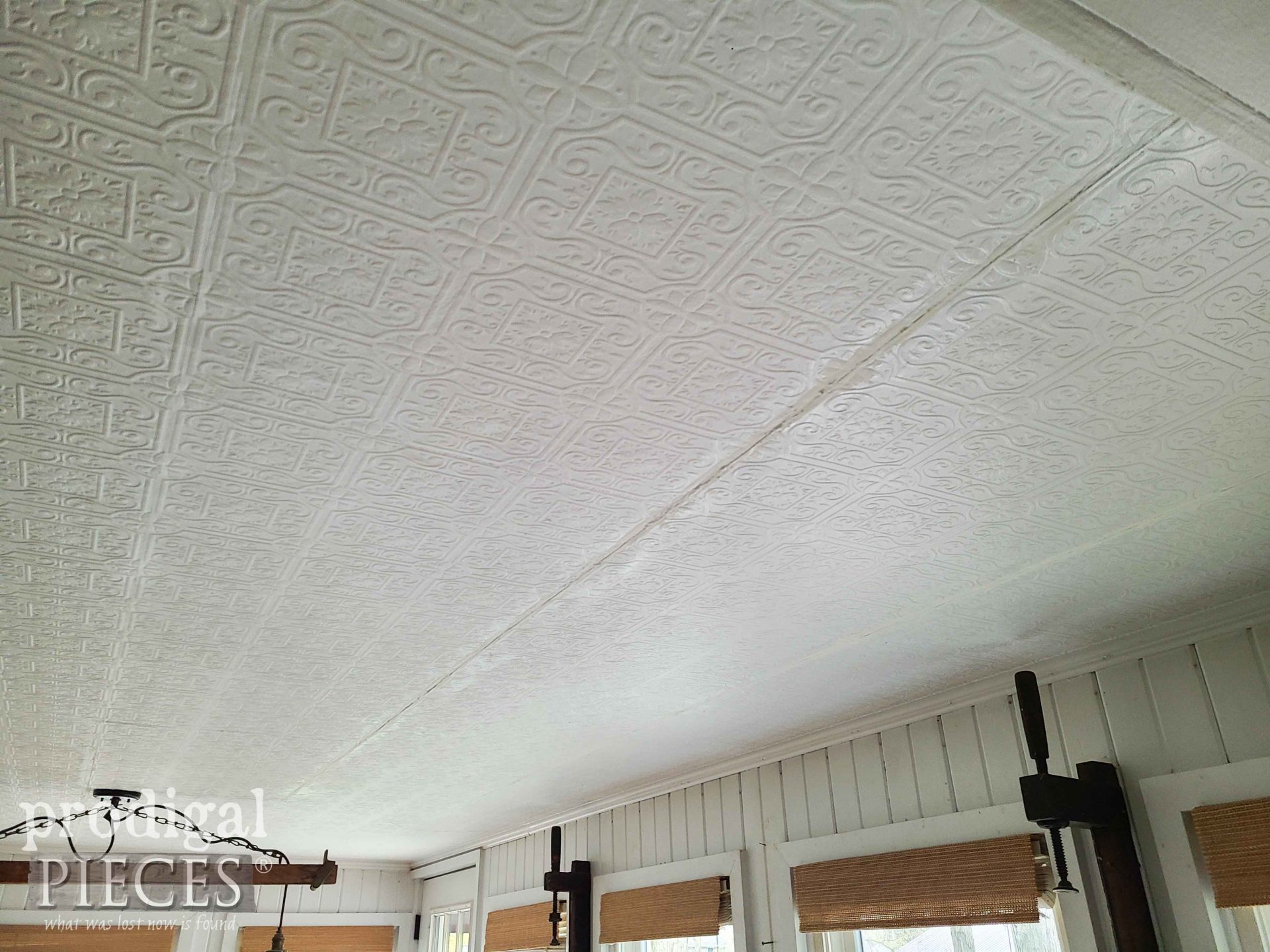 Faux Tin Wallpapered Dining Room Ceiling | prodigalpieces.com #prodigalpieces