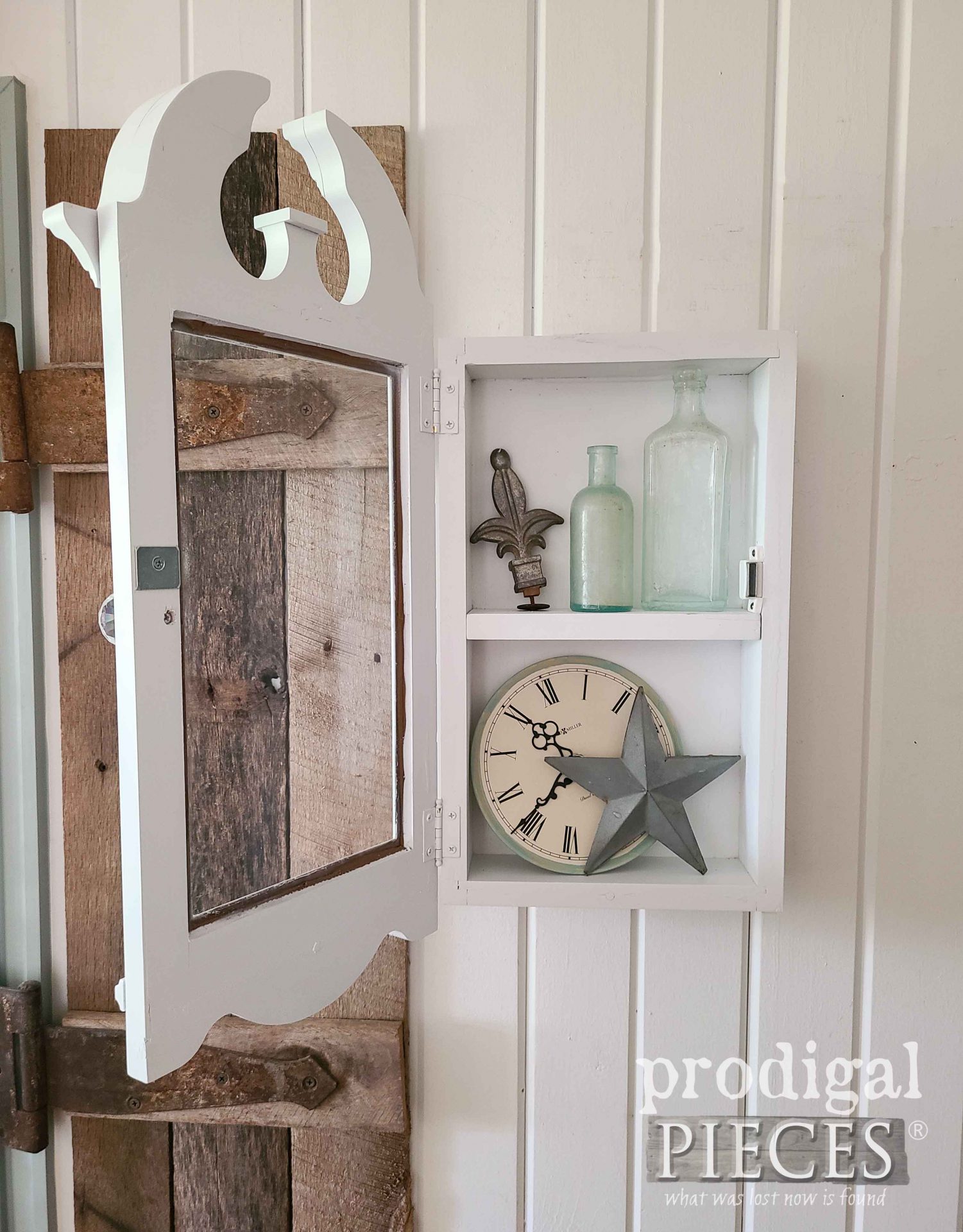 Wall Cabinet Glass Door Open from Reclaimed Wall Clock by Larissa of Prodigal Pieces | prodigalpieces.com #prodigalpieces #upcycled #vintage #clock