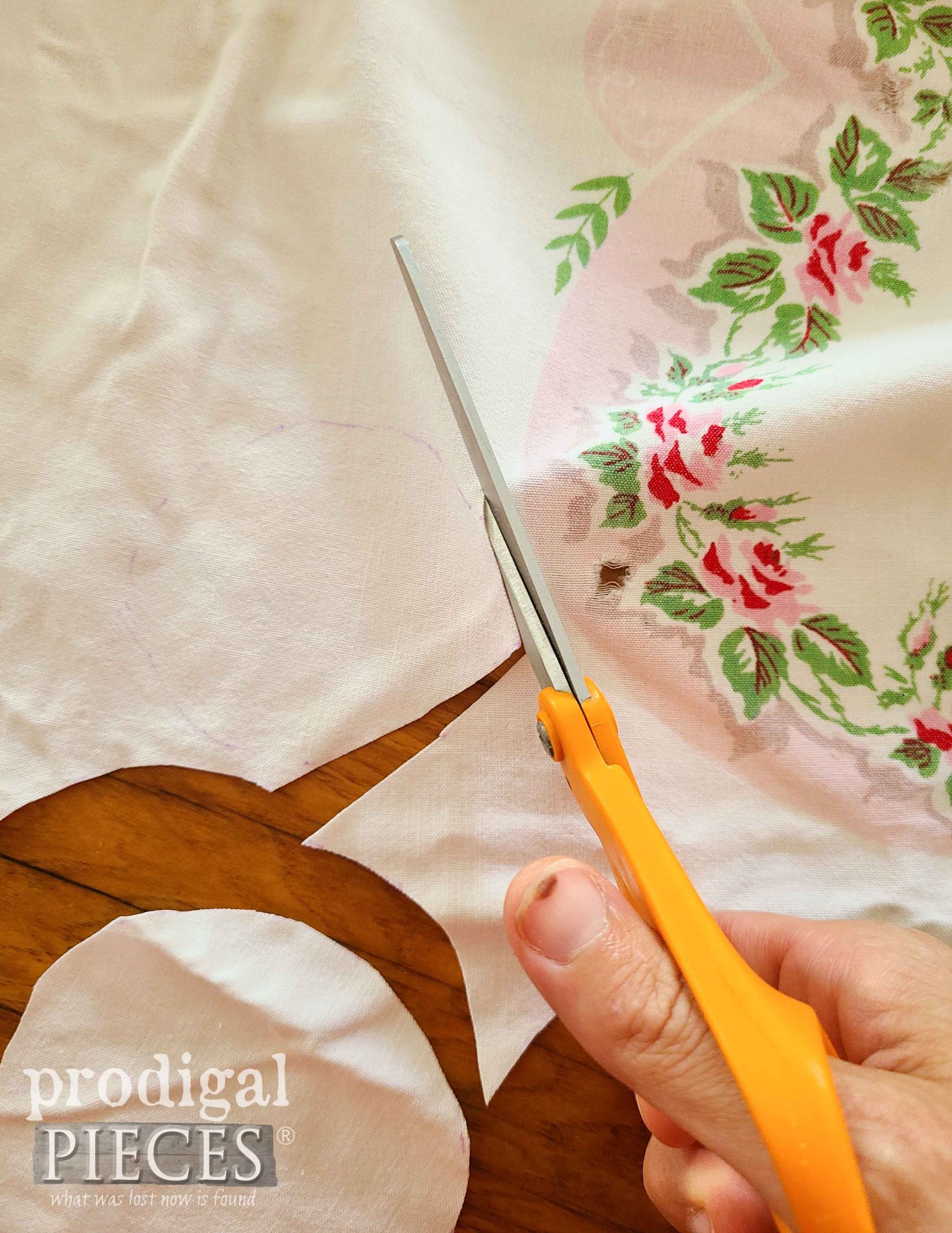Cutting Vintage Tablecloth for Heirloom Doll | prodigalpieces.com #prodigalpieces