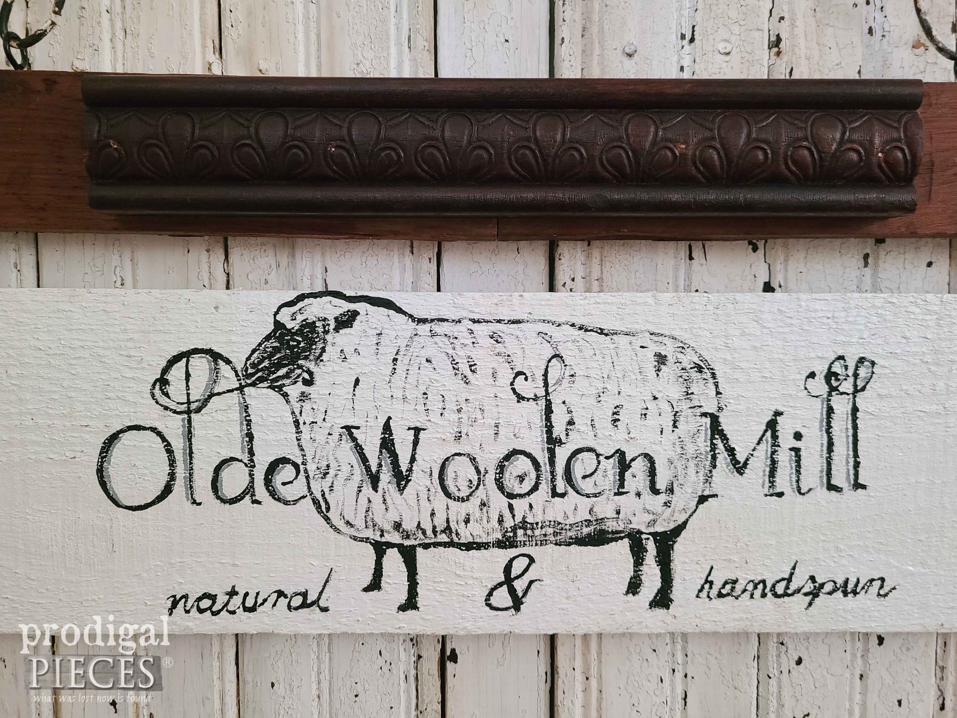 Hand Painted Olde Woolen Mill Sign on Upcycled Fence Panel by Larissa of Prodigal Pieces | prodigalpieces.com #prodigalpieces #reclaimed #diy #farmhouse