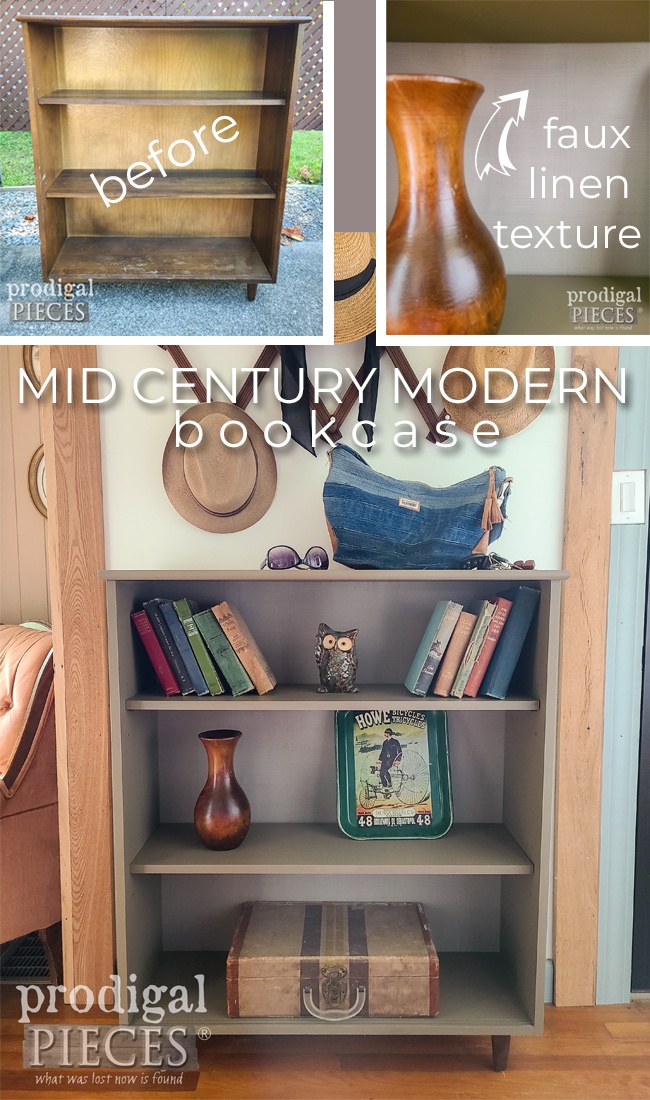 A dated and ho-hum Mid Century Modern Bookcase gets a up-to-date makeover with Faux Linen Paint Technique | Details at Prodigal Pieces | prodigalpieces.com #prodigalpieces #midcentury #modern #boho #diy