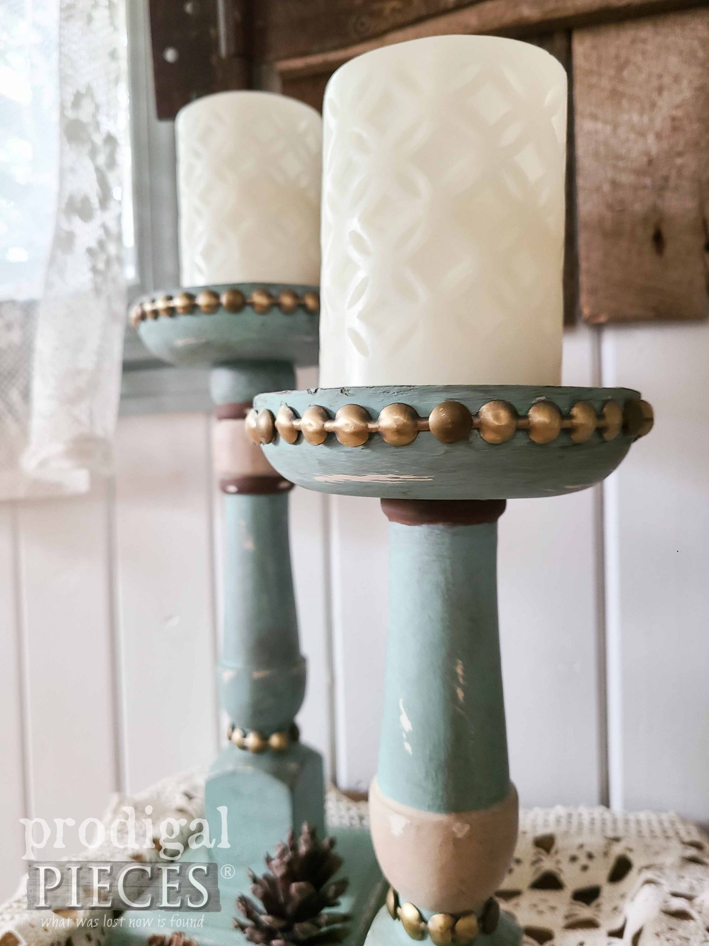 Nailhead Trim on Upcycle Candlestick Makeover by Larissa of Prodigal Pieces | prodigalpieces.com #prodigalpieces #upcycled #diy #farmhouse