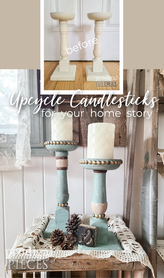 Grab those thrift store decor pieces and upcycle candlesticks to make your own home story. Tutorial by Larissa of Prodigal Pieces at prodigalpieces.com #prodigalpieces #farmhouse #upcycle #diy