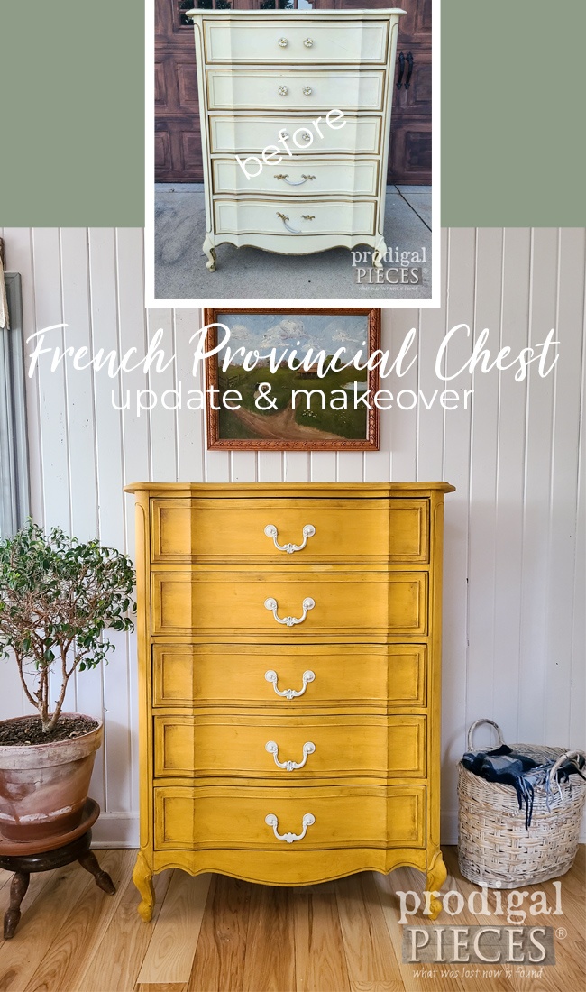 An updated French Provincial Chest of drawers gets a sunshine makeover with a mustard yellow by Larissa of Prodigal Pieces | prodigalpieces.com #prodigalpieces #furniture #diy