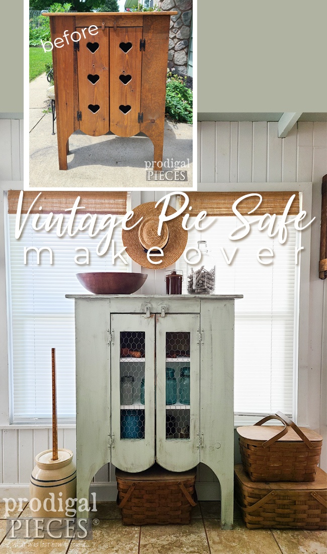 A dated 80's vintage pie safe complete with hearts, gets a farmhouse makeover by Larissa of Prodigal Pieces | prodigalpieces.com #prodigalpieces #furntiure #vintage #80s #diy #farmhouse