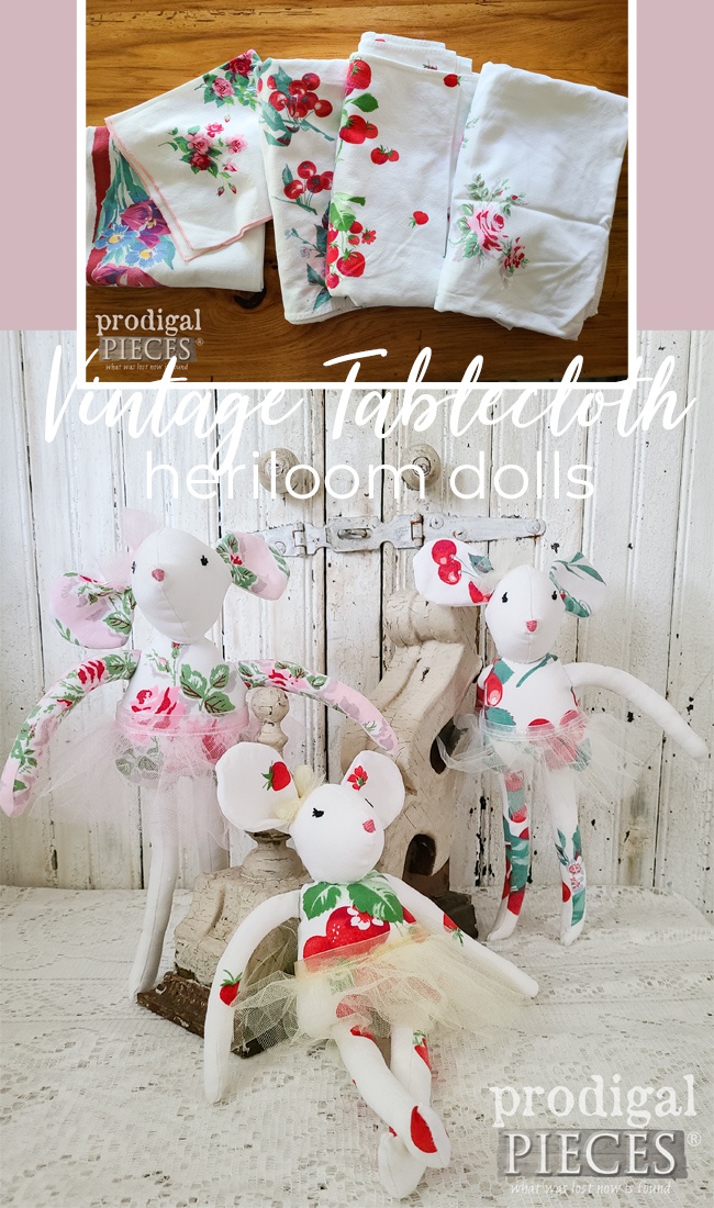 A stained vintage tablecloth offers more than taking up closet space. Create an adorable heirloom doll for lasting memories by Larissa of Prodigal Pieces | prodigalpieces.com #prodigalpieces #handmade
