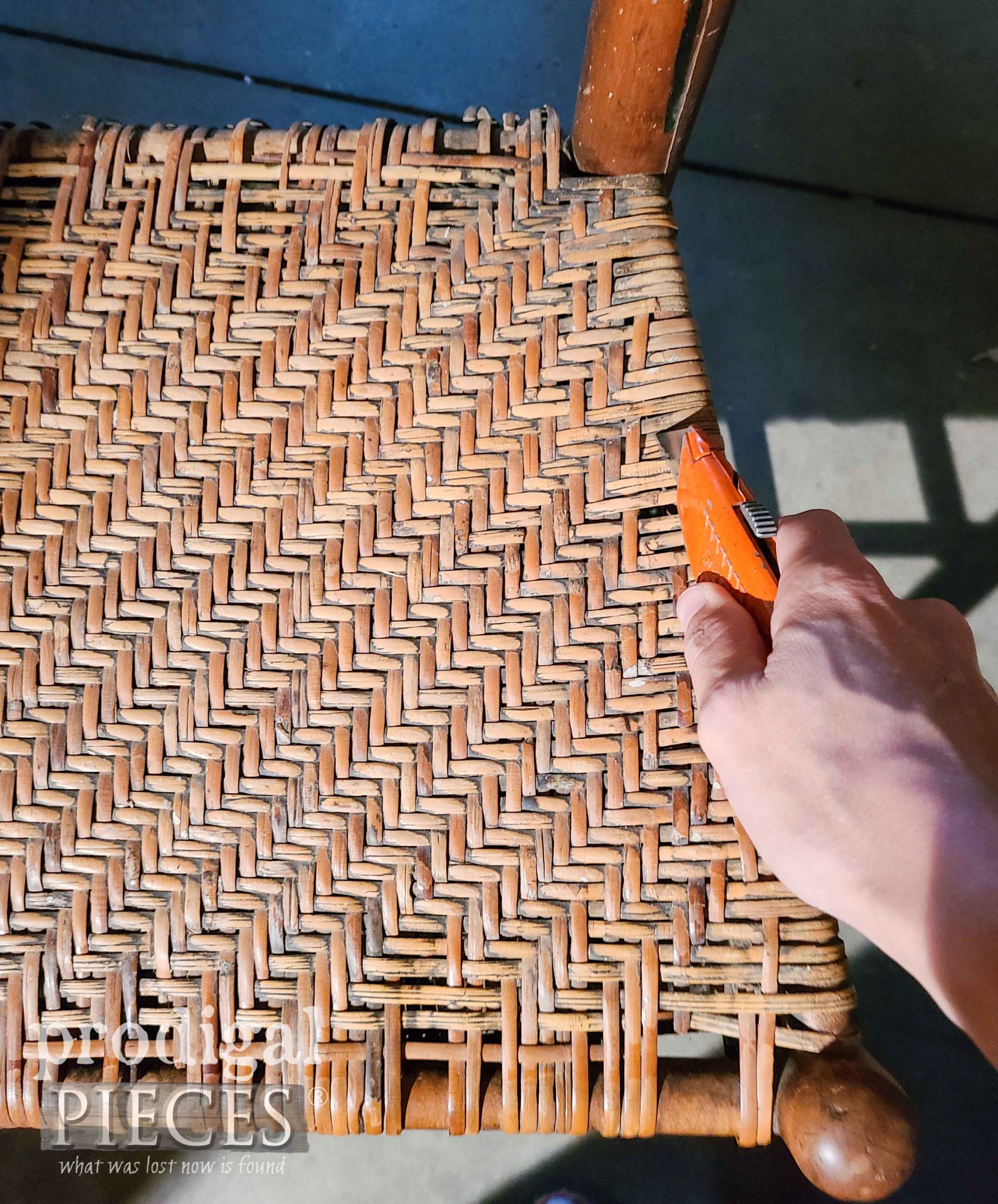 Cutting Vintage Caned Chair Seat Off | prodigalpieces.com #prodigalpieces