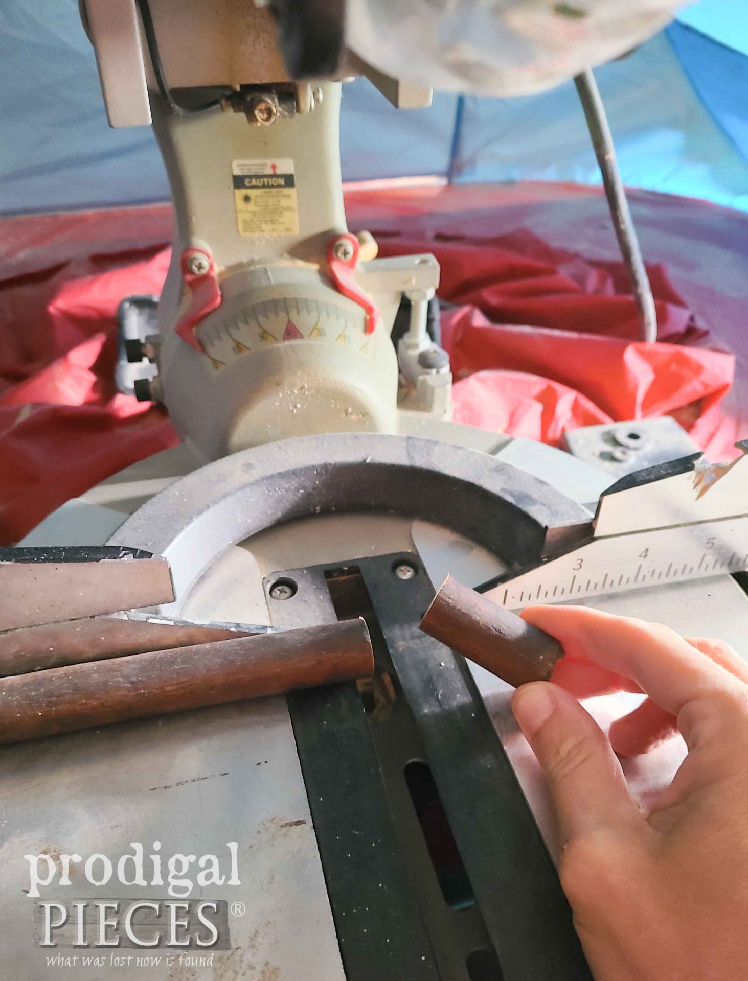 Cutting Upcycled Spindle Chair Dowel on Miter Saw | prodigalpieces.com #prodigalpieces
