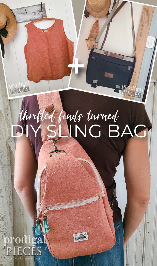 A linen tank top paired with other refashioned materials makes for a sweet DIY Sling Bag by Larissa of Prodigal Pieces | prodigalpieces.com #prodigalpieces #diy #sewing #refashion #women