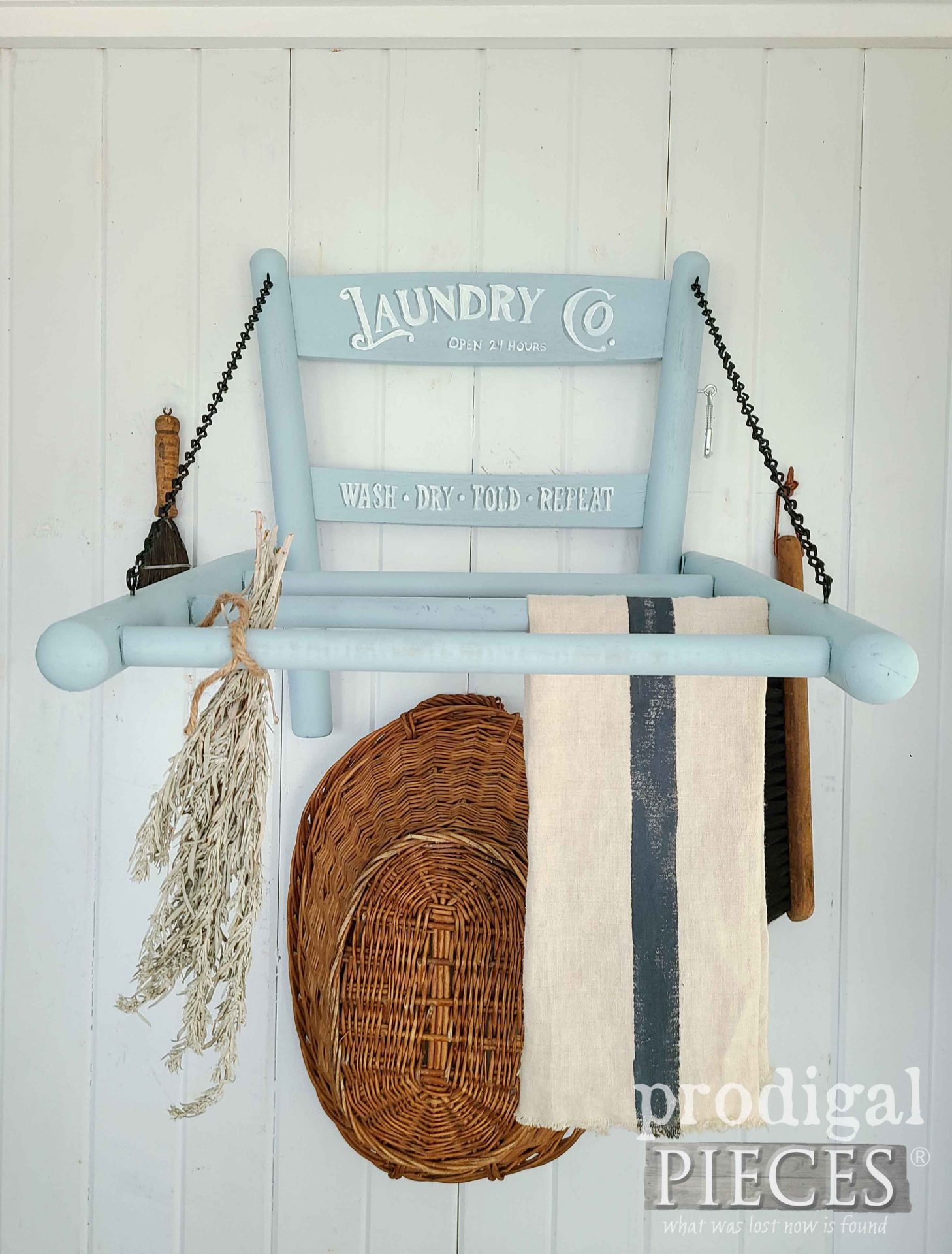 Farmhouse Laundry Drying Rack made from Vintage Caned Chair by Larissa of Prodigal Pieces | prodigalpieces.com #prodigalpieces #diy #upcycled #furniture