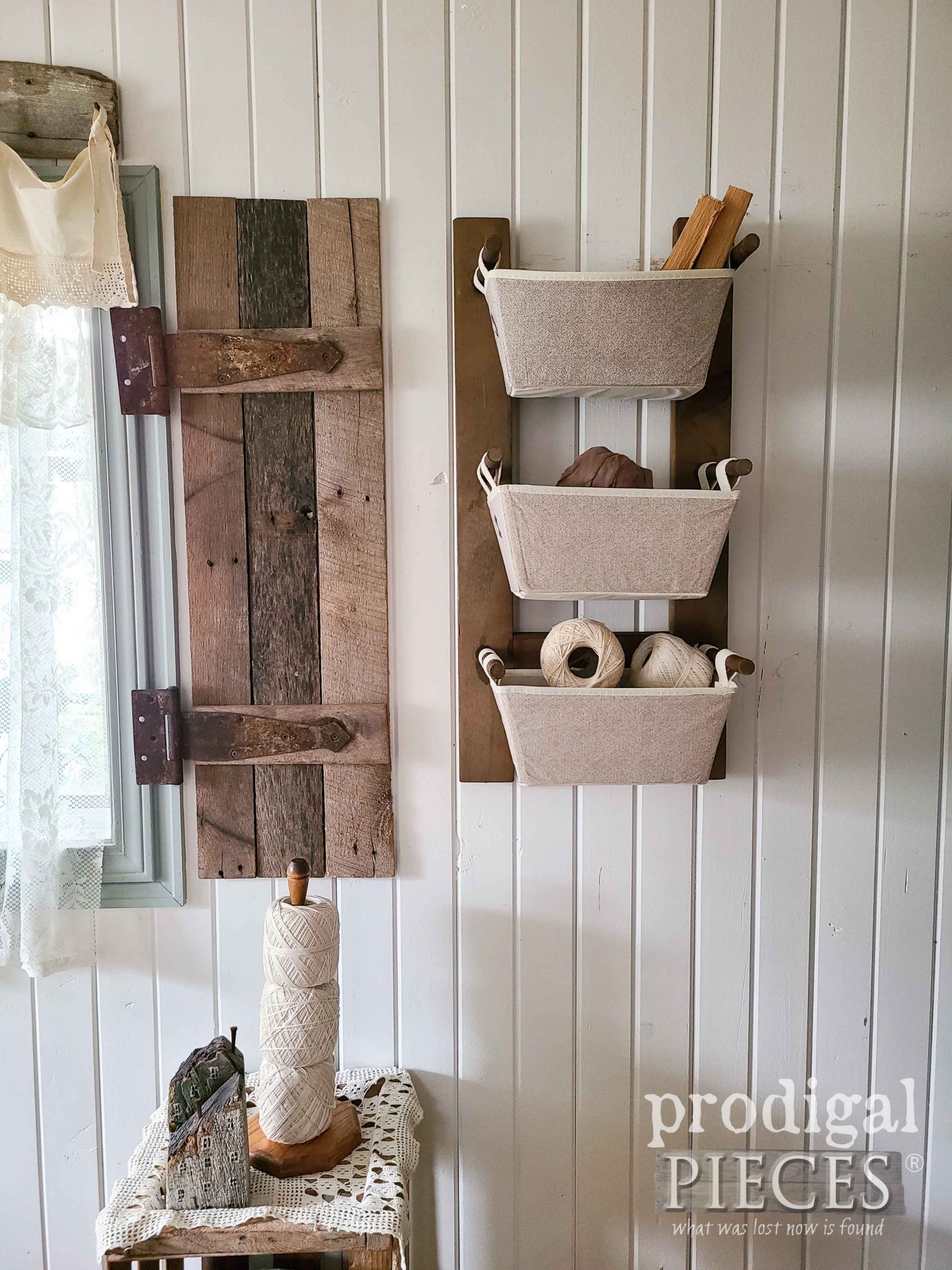 DIY Farmhouse Wall Storage Bins with Upcycled Spindles and Free Build Plans by Larissa of Prodigal Pieces | prodigalpieces.com #prodigalpieces #farmhouse #storage #dollarstore