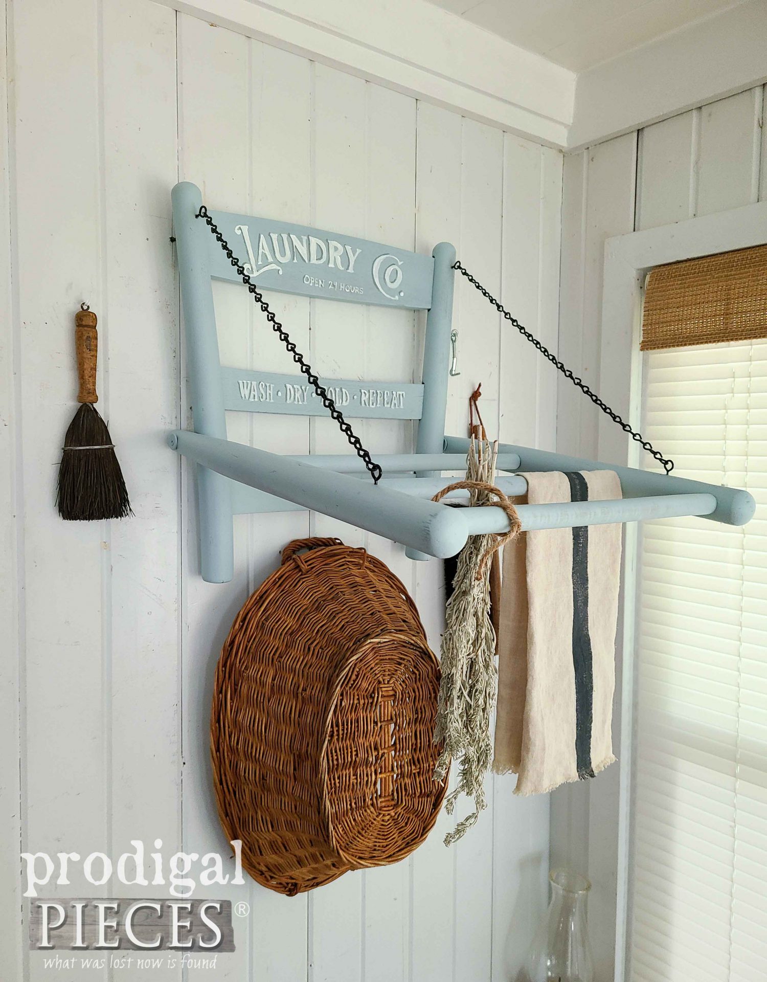 Open DIY Folding Laundry Rack from Upcycled Vintage Caned Chair by Larissa of Prodigal Pieces | prodigalpieces.com #prodigalpieces #farmhouse #diy #repuropsed