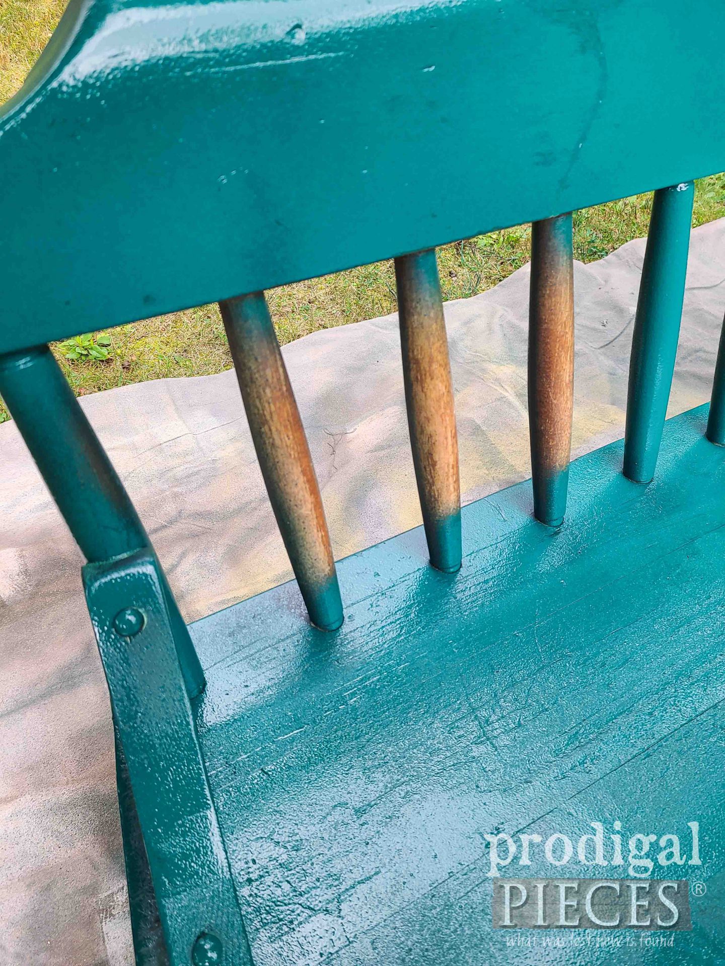 Spray Painting Green Paint on Farmhouse Bench Makeover | prodigalpieces.com #prodigalpieces