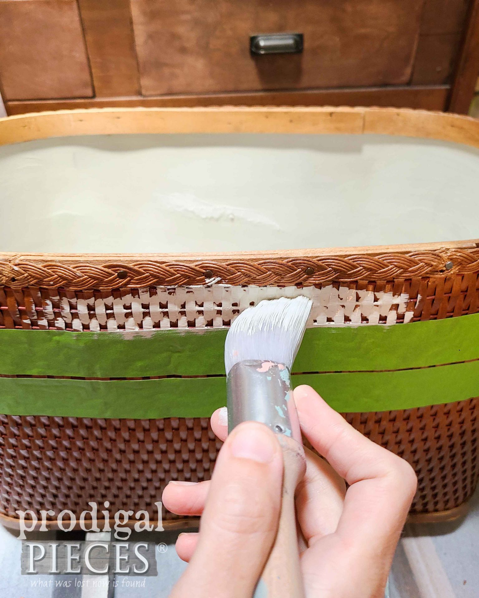 Painting Upcycled Picnic Basket with Soft Green Paint | prodigalpieces.com #prodigalpieces