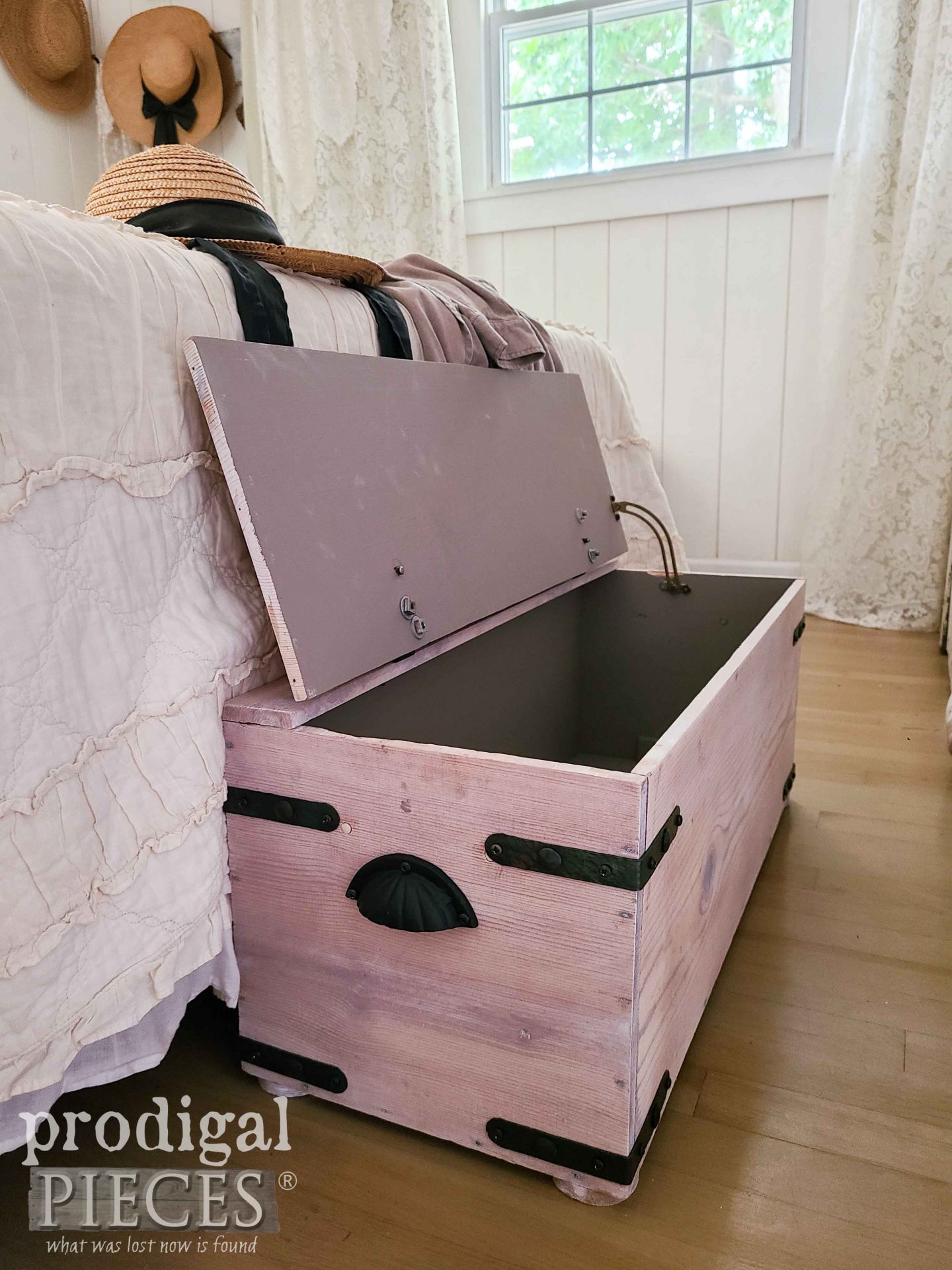 Side View of Open Farmhouse Wooden Trunk by Larissa of Prodigal Pieces | prodigalpieces.com #prodigalpieces #farmhouse #diy