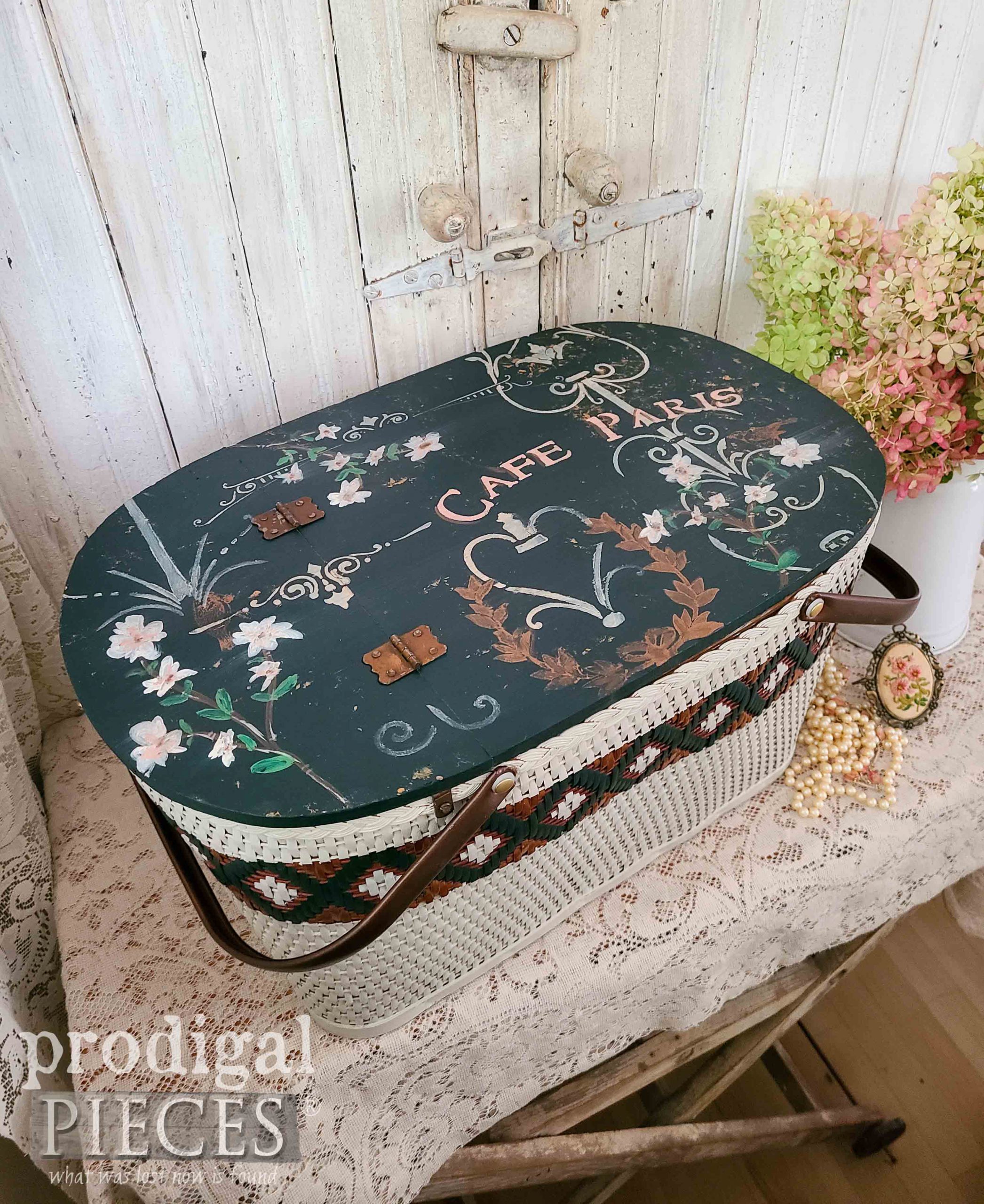 Hand-Painted and Stenciled Vintage Picnic Basket by Larissa of Prodigal Pieces | prodigalpieces.com #prodigalpieces #art #vintage #picnic #farmhouse