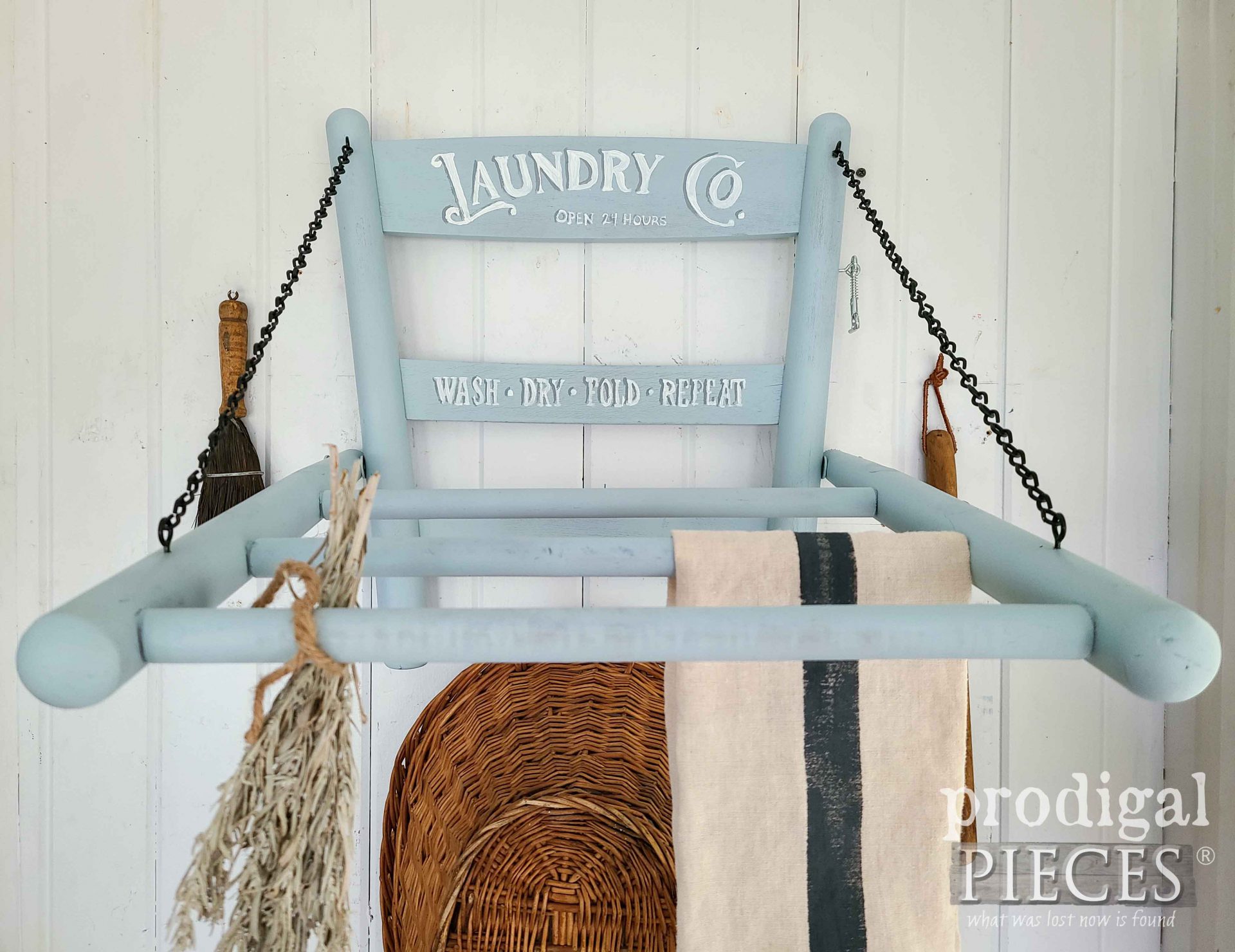 Upcycled Folding Laundry Rack from a Damaged Vintage Caned Chair by Larissa of Prodigal Pieces | prodigalpieces.com #prodigalpieces #laundry #diy