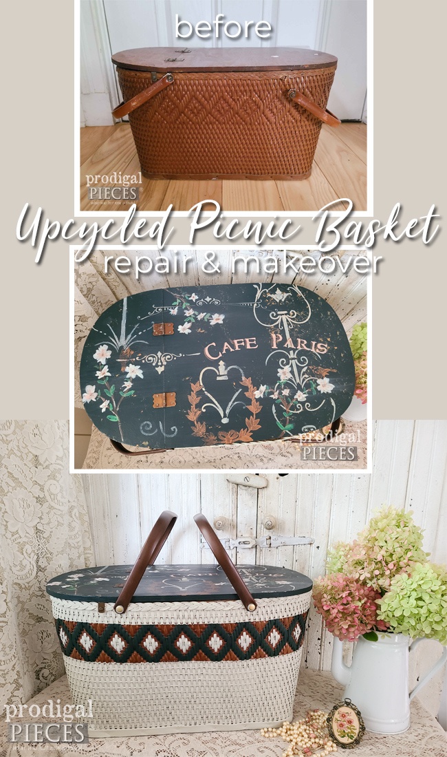 A damaged and dilapidated vintage picnic basket is repaired and restored by Larissa of Prodigal Pieces | prodigalpieces.com #prodigalpieces #vintage #makeover #diy
