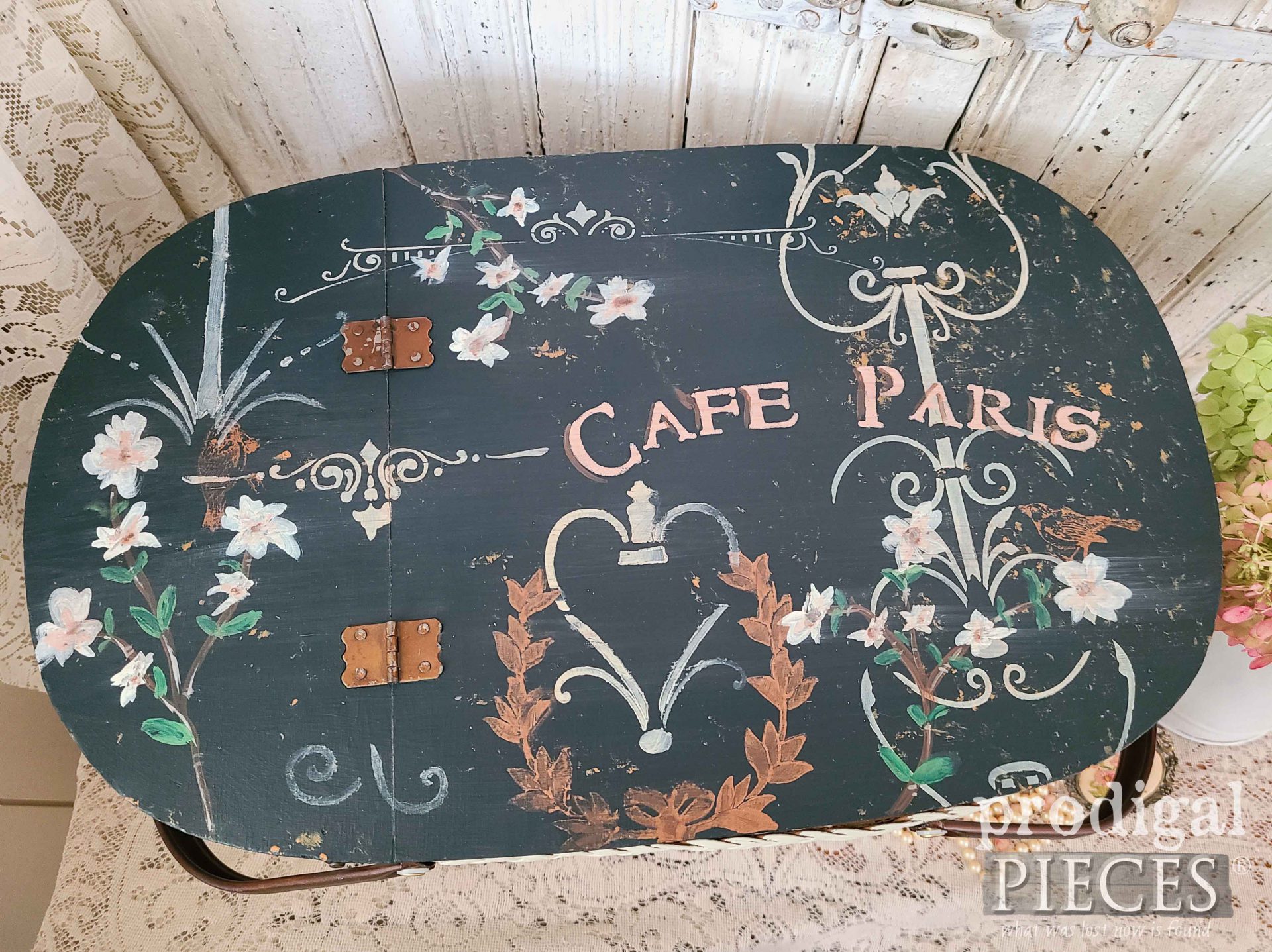 Vintage Picnic Basket Lid with Hand-Painted Design by Larissa of Prodigal Pieces | prodigalpieces.com #prodigalpieces #vintage #art