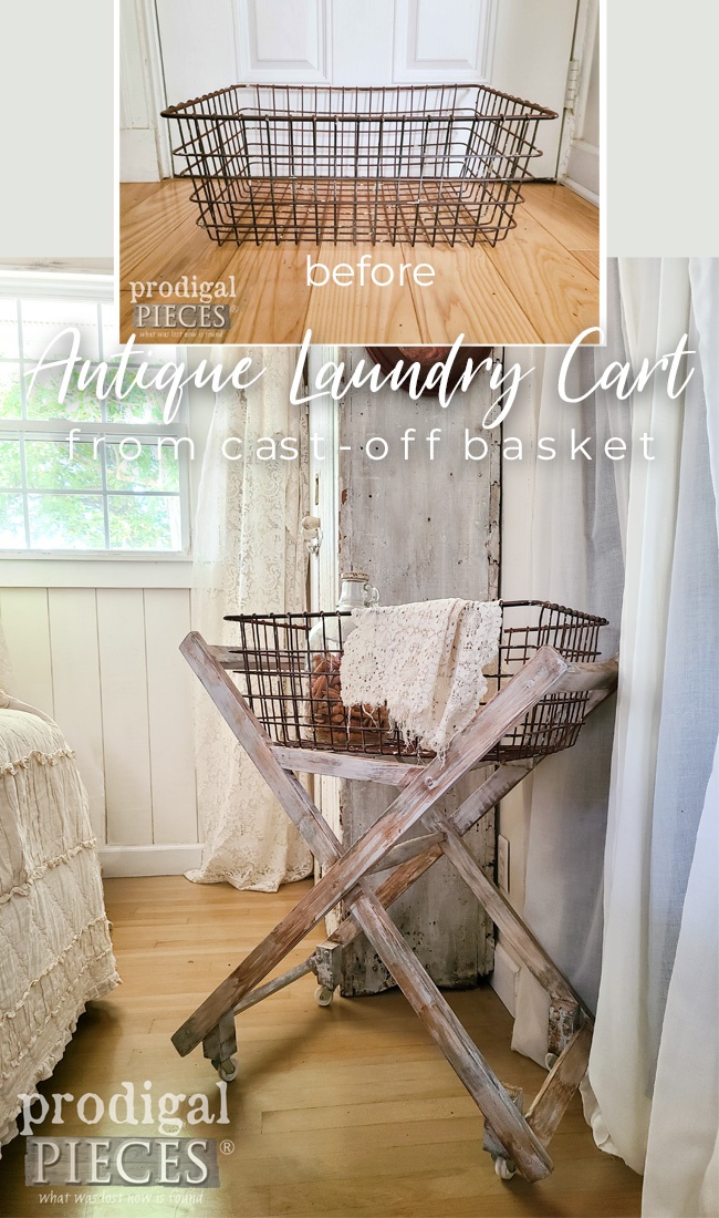 A cast-off wire basket inspires Larissa of Prodigal Pieces to create an antique laundry cart from scrap wood. Check it out at prodigalpieces.com #prodigalpieces #farmhouse #woodworking #upcycled