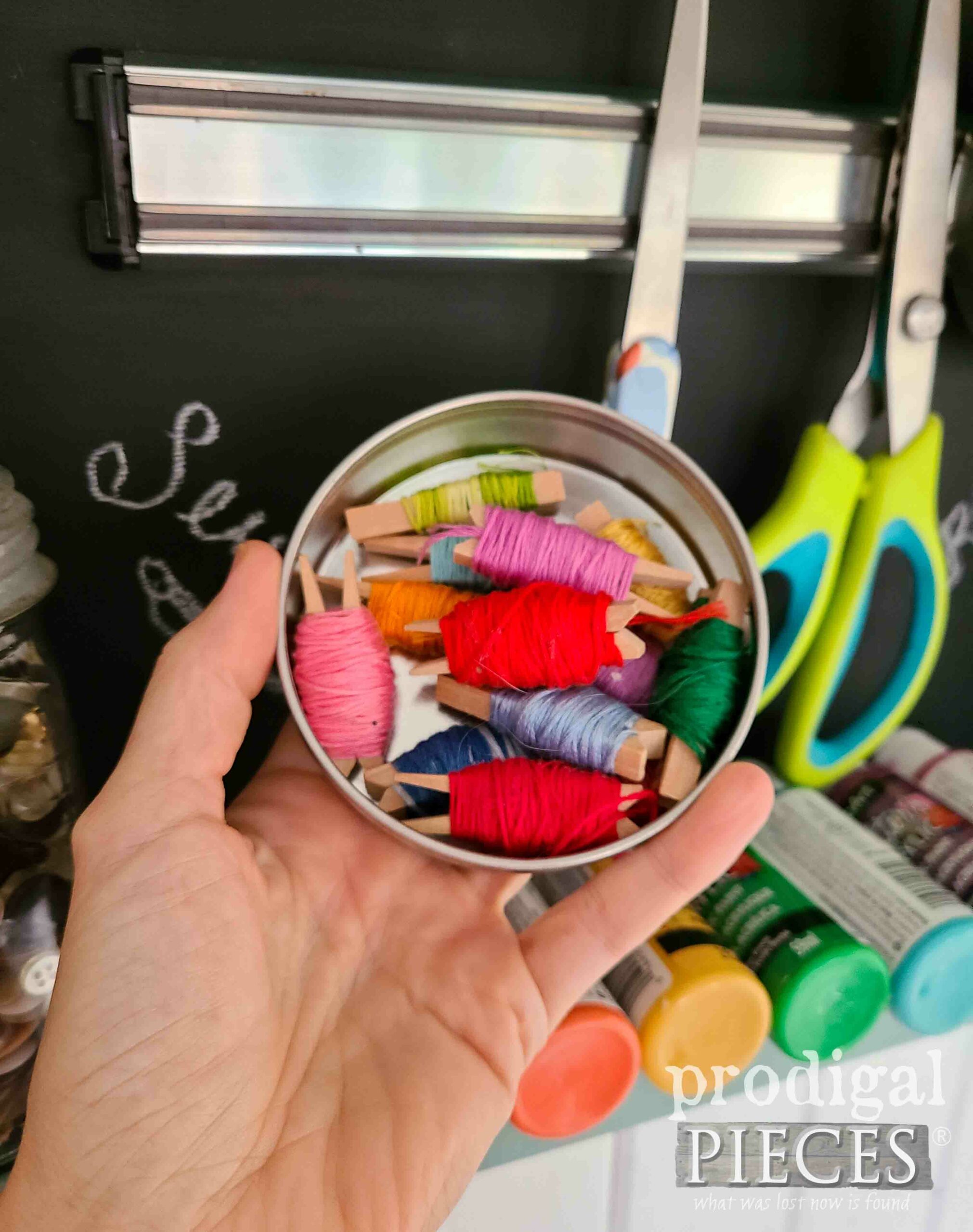 Embroidery Floss Tin in Upcycled Vanity Drawer by Larissa of Prodigal Pieces | prodigalpieces.com #prodigalpieces #sewing #storage