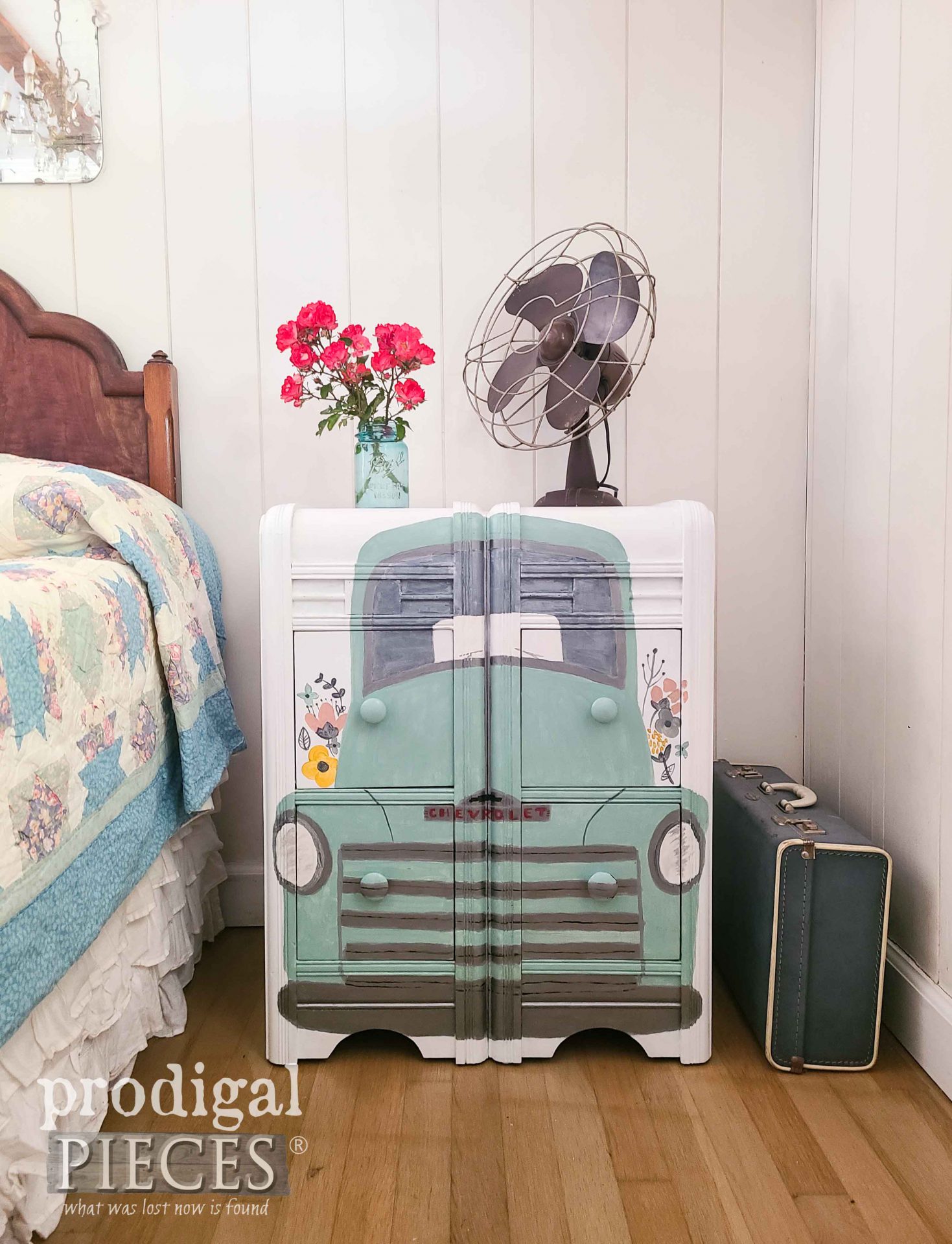 Hand-Painted Chest of Drawer with Vintage Truck from Repurposed Dressing Table by Larissa of Prodigal Pieces | prodigalpieces.com #prodigalpieces #farmhouse #furniture #vintage