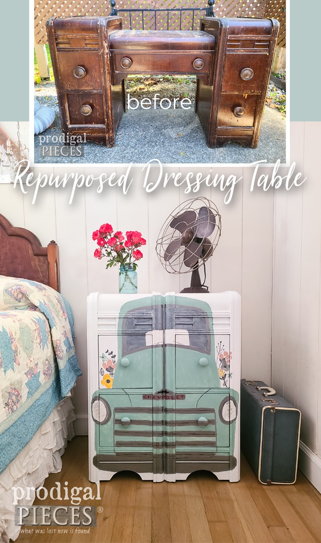  A damamged dressing table is repurposed into an adorable chest of drawers with vintage truck and Country Roads Take Me Home by Larissa of Prodigal Pieces | prodigalpieces.com #prodigalpieces #furniture #repurposed #upcycled #truck #vintage