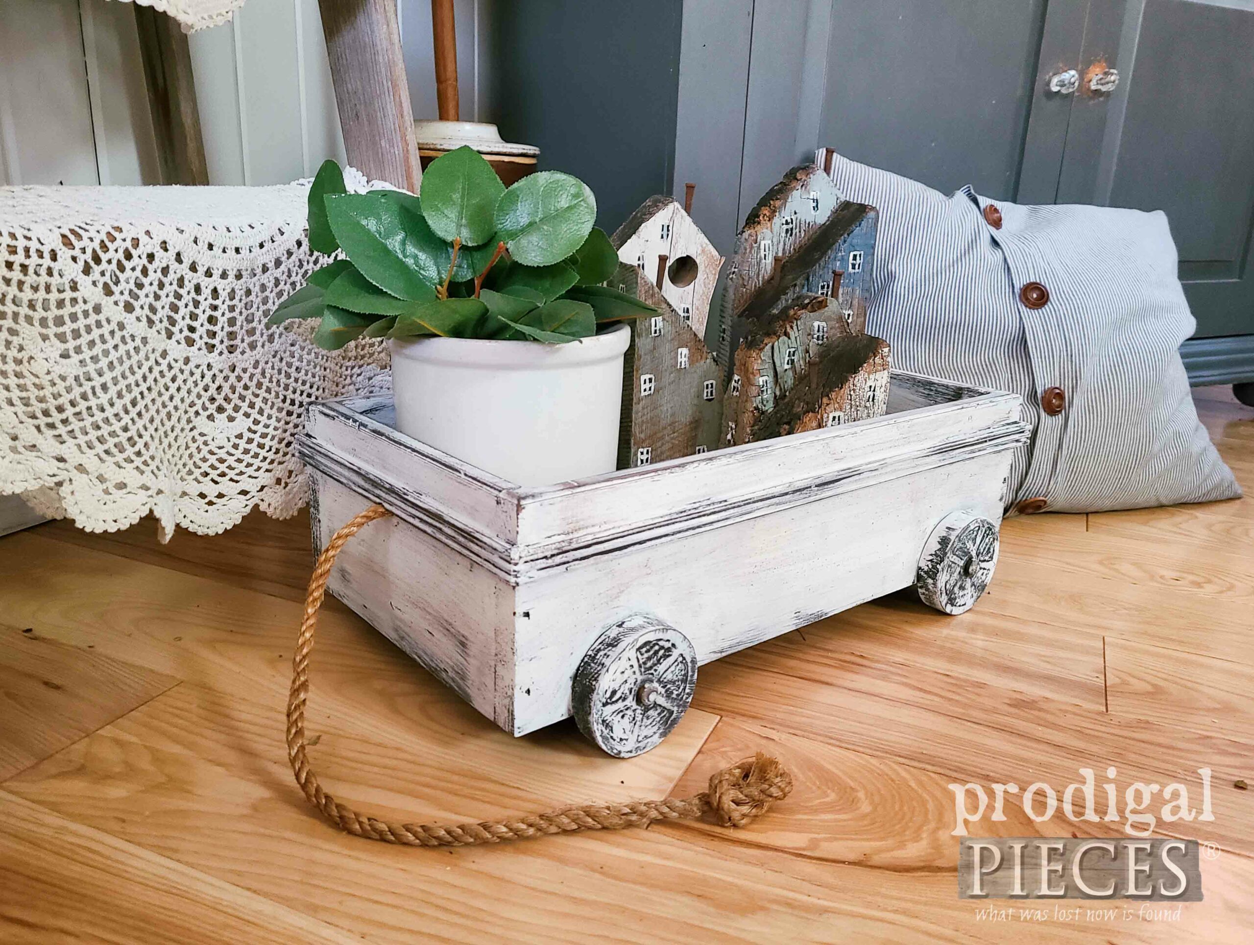 Farmhouse Wooden Wagon in White Milk Paint by Larissa of Prodigal Pieces | prodigalpieces.com #prodigalpieces #milkpaint #reclaimed