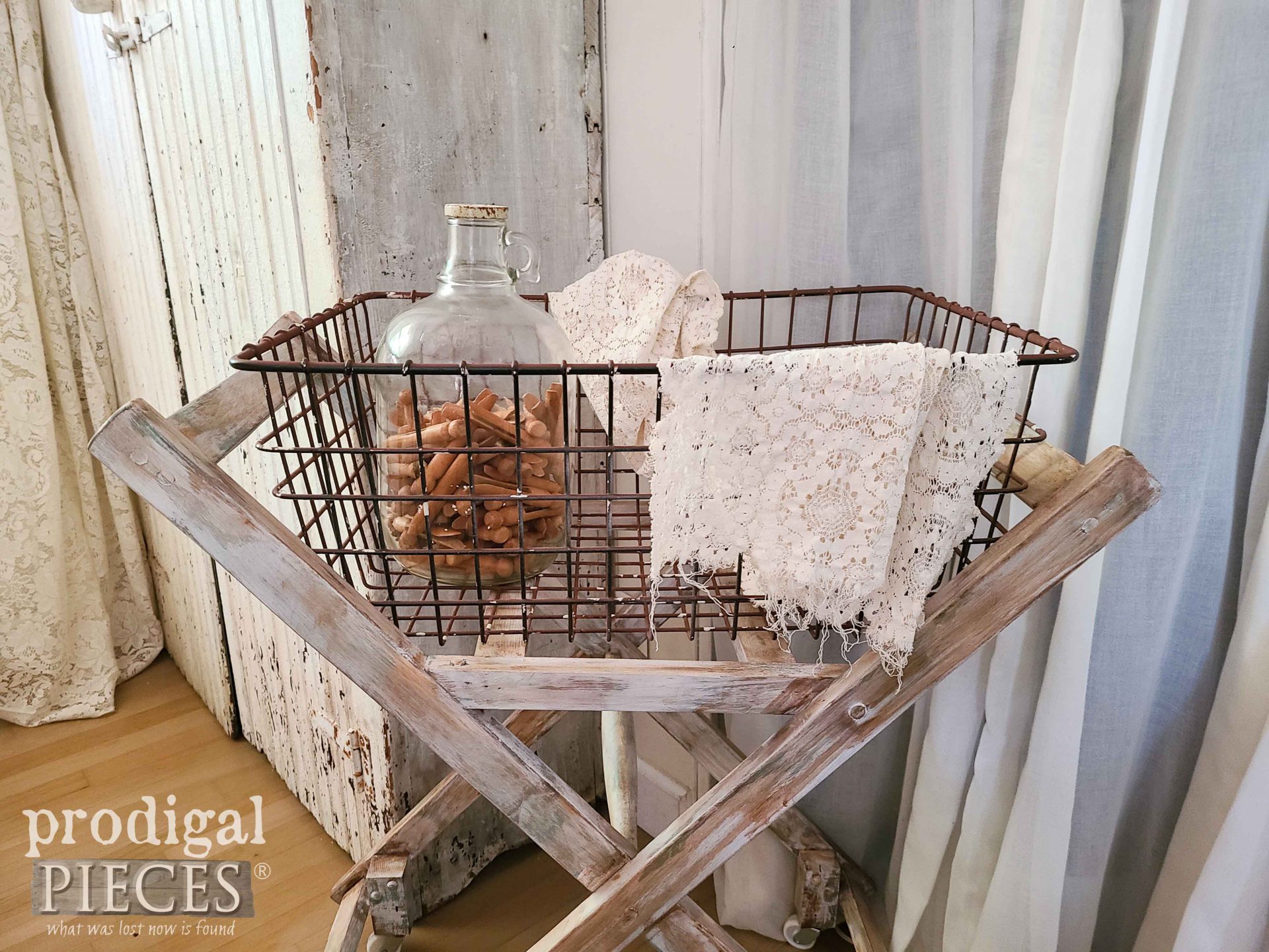 Wire Antique Laundry Basket Cart by Larissa of Prodigal Pieces | prodigalpieces.com #prodigalpieces #farmhouse #hadnmade