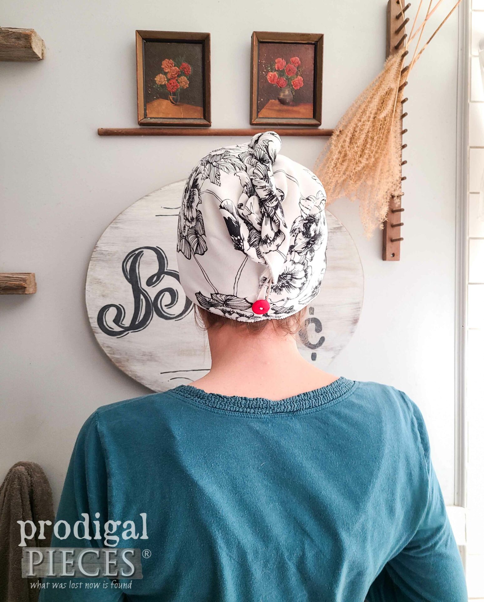 Back View of DIY Hair Plopping Towel from Refashioned Shirt by Larissa of Prodigal Pieces | prodigalpieces.com #prodigalpieces