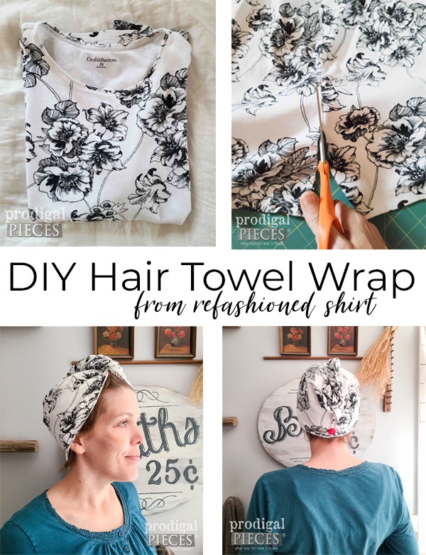 Create a DIY Hair Towel Wrap from refashioned fabrics with this tutorial by Larissa of Prodigal Pieces | prodigalpieces.com #prodigalpieces #haircare #diy #refashion #upcycle #giftidea #stockingstuffer