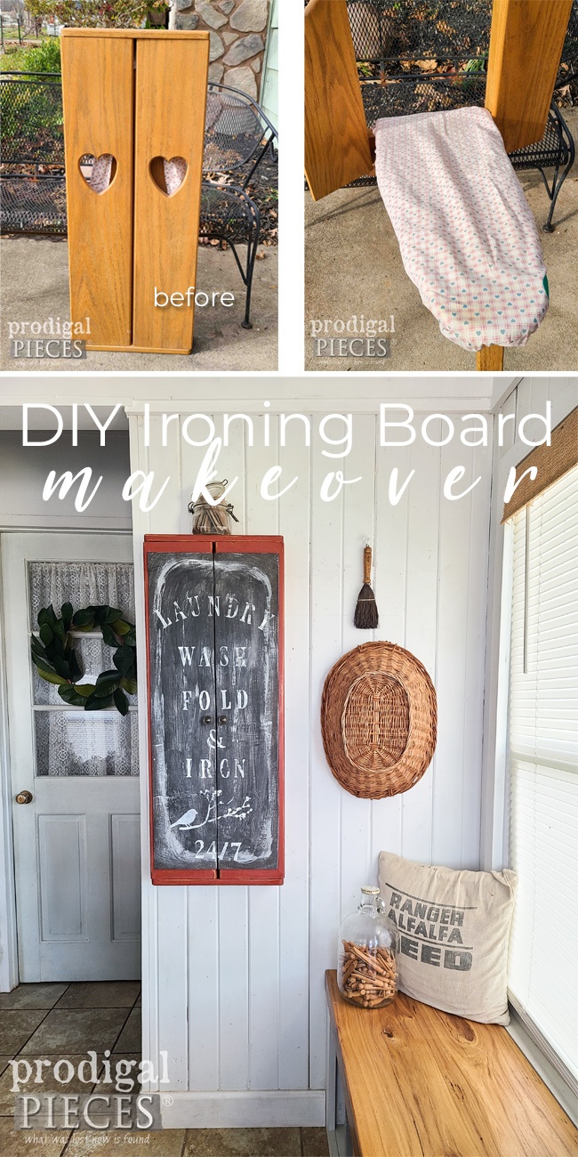 An 80's DIY ironing board gets the farmhouse makeover of a lifetime. Come see how Larissa of Prodigal Pieces did it! | prodigalpieces.com #prodigalpieces #diy #farmhouse #homedecor #laundry